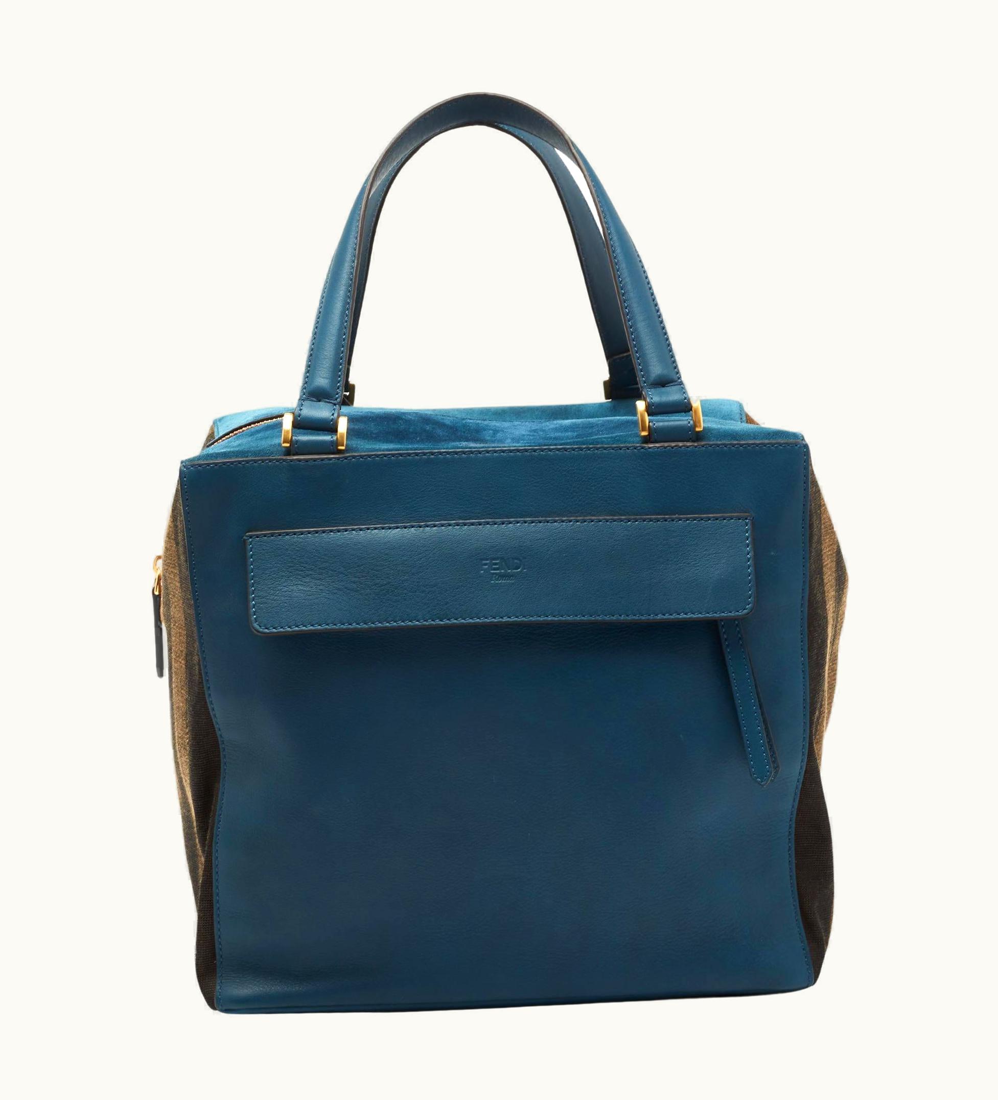 Fendi Fendi Blue/Brown Leather And Pequin Stripe Canvas Satchel