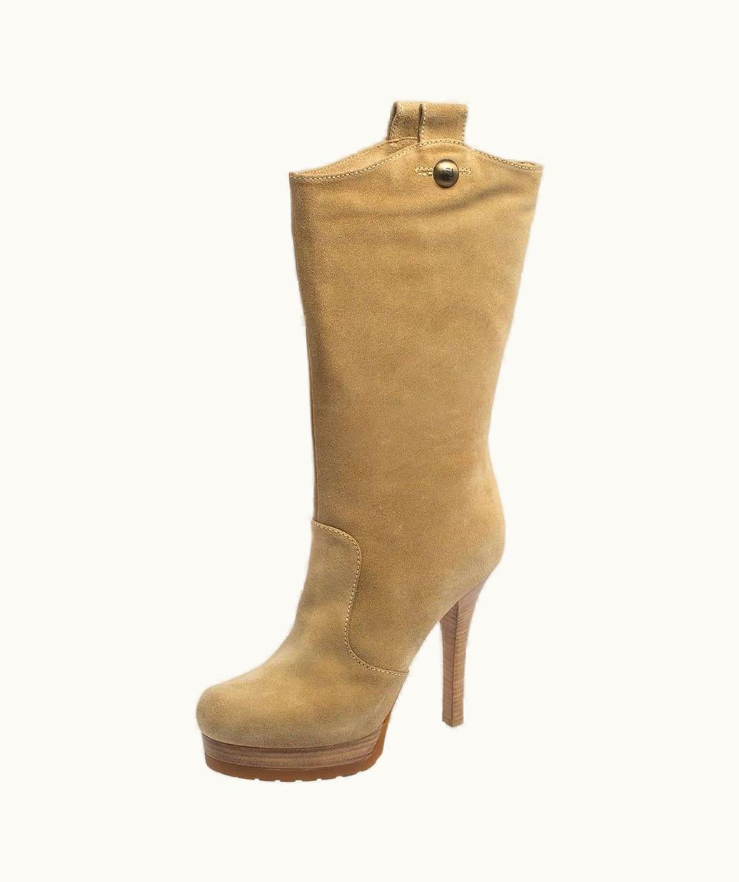Fendi Fendi Beige Suede Slip On Knee High Boots