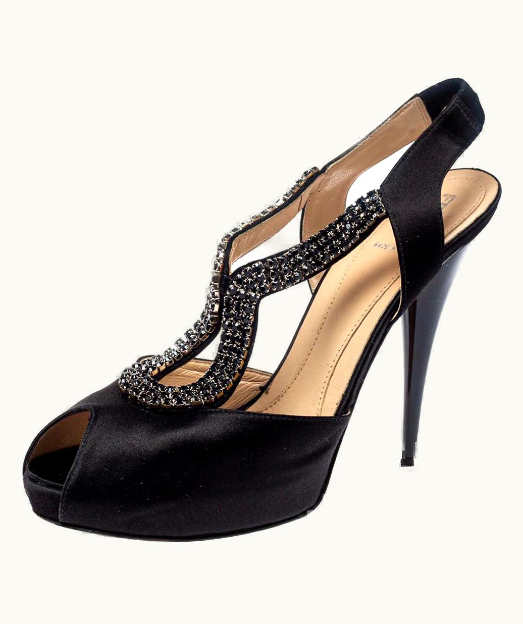 Fendi Fendi Black Satin Crystal Embellished Slingback Platform Sandals