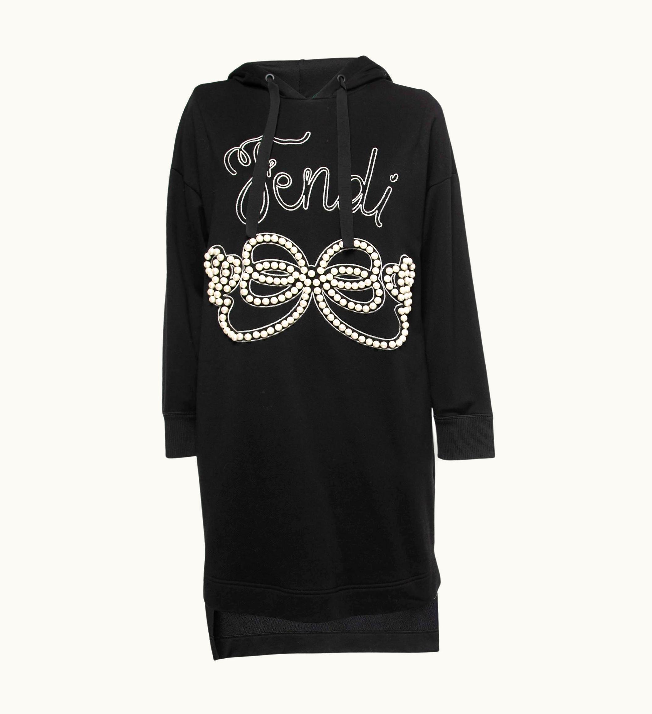 Fendi Fendi Black Cotton Logo Embroidered Pearl Long Hoodie
