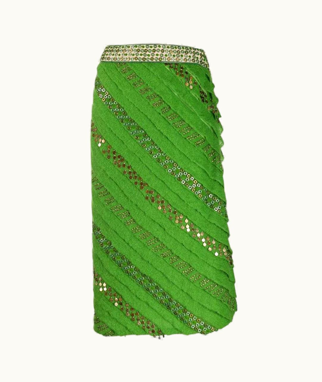 Fendi Fendi Vintage Green Wool Straight Midi Length 90s Embellished Skirt