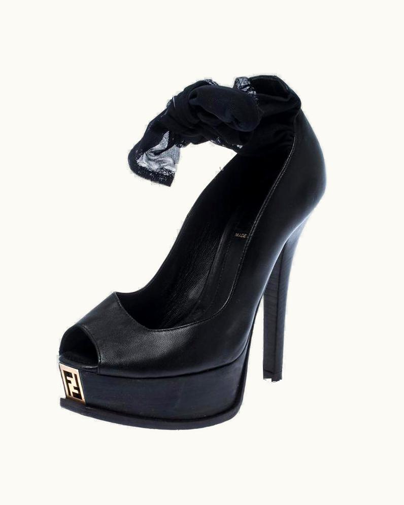 Fendi Fendi Black Leather Ankle Warp Peep Toe Pumps