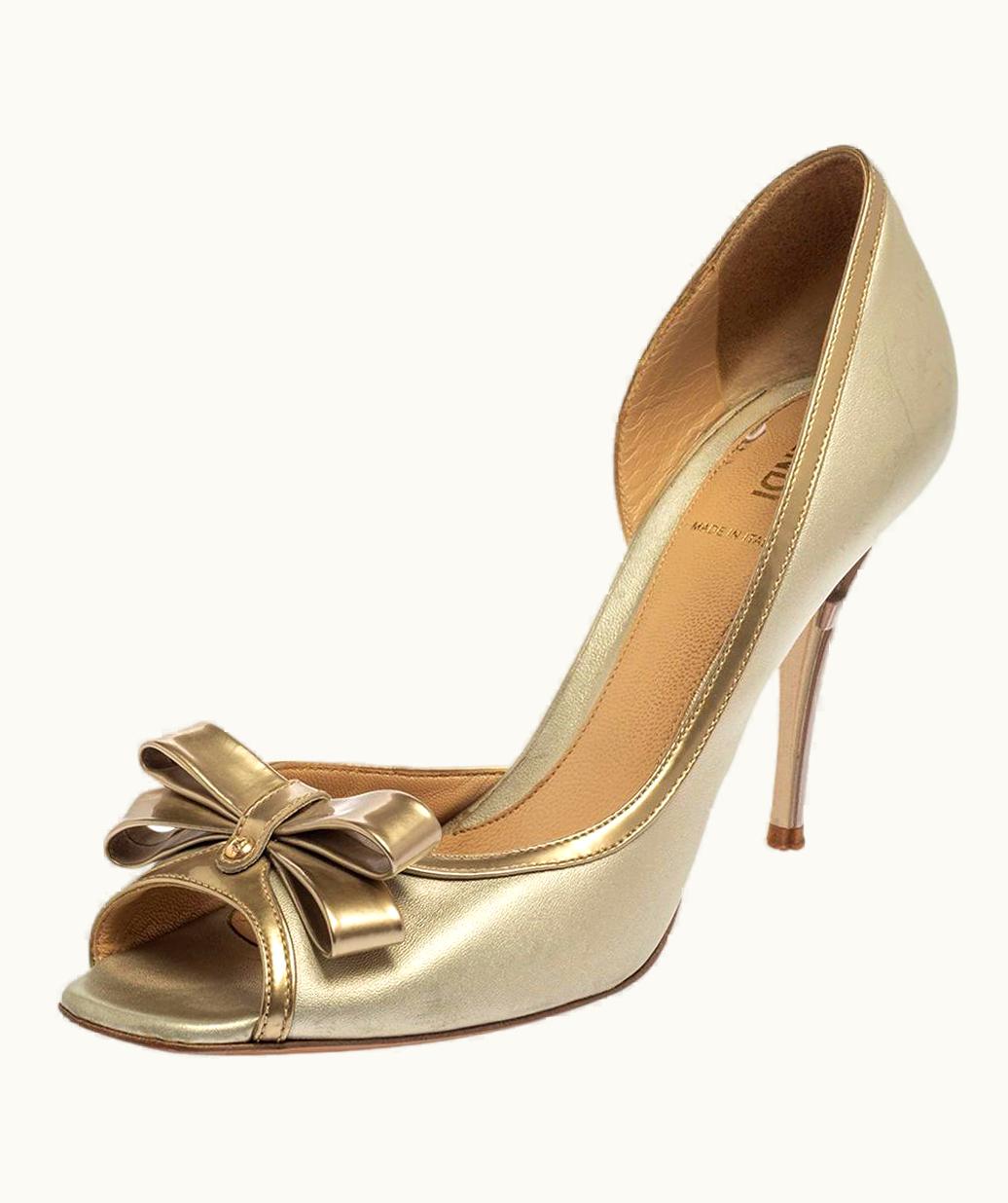 Fendi Fendi Metallic Silver Leather Bow Peep Toe Pumps