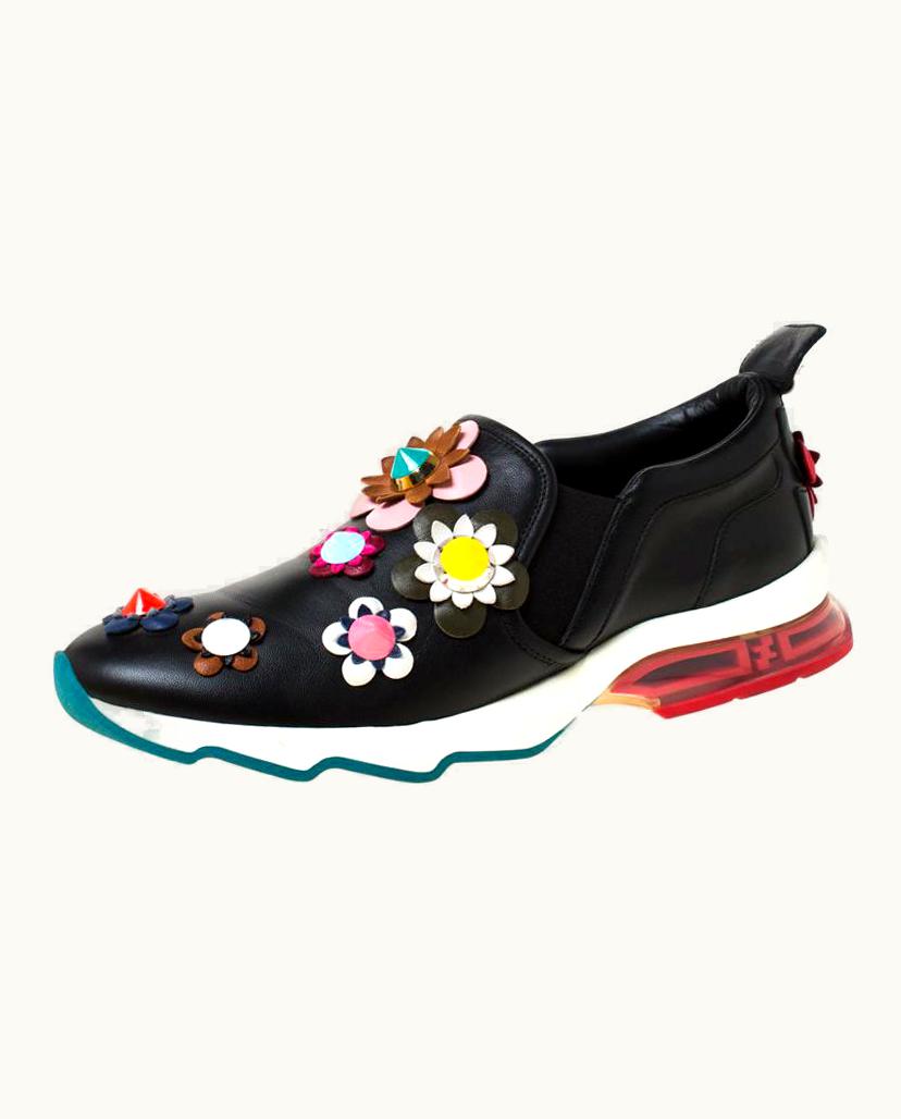 Fendi Fendi Black Leather Flowerland Ffast Slip On Sneakers