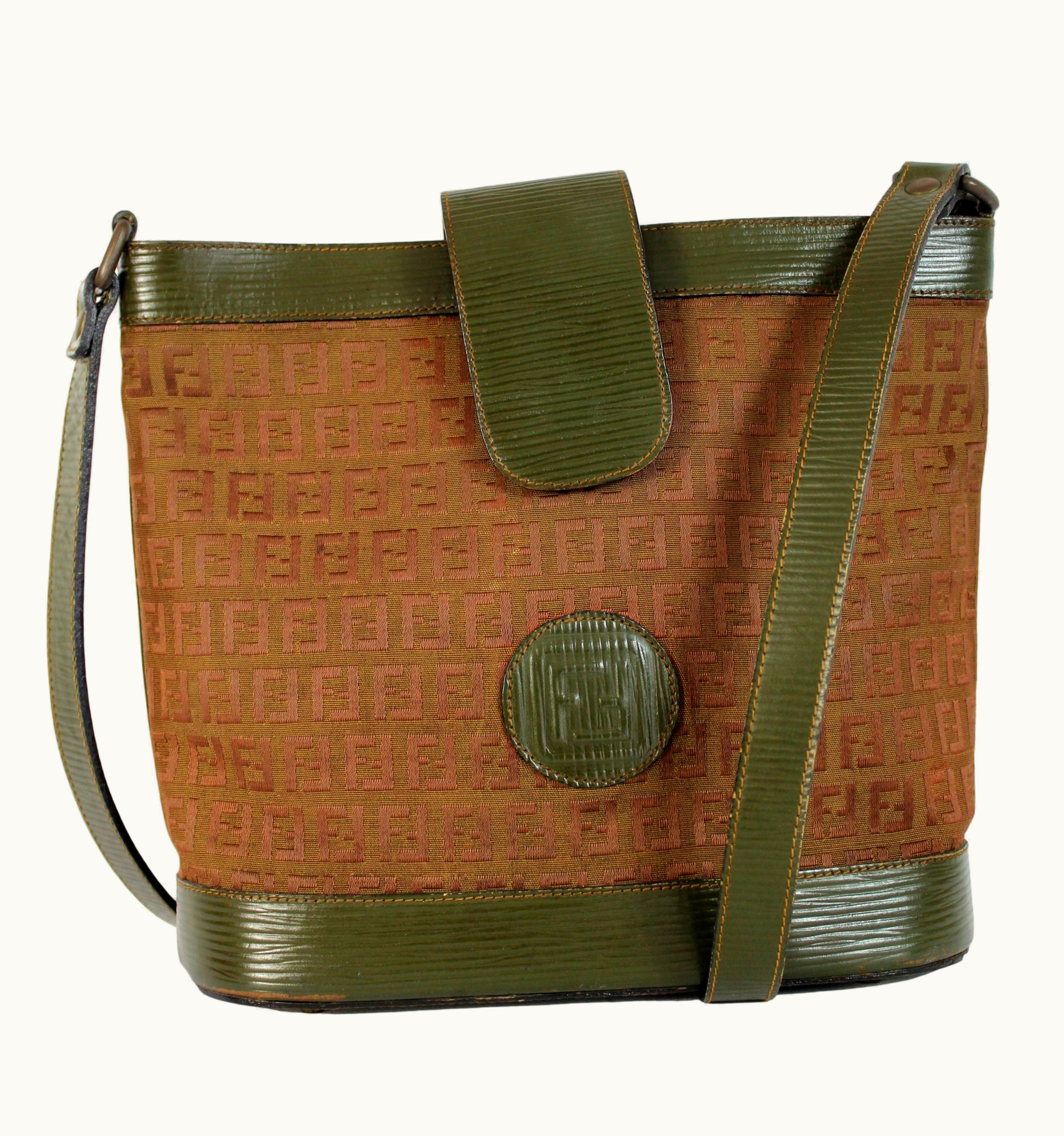 Fendi Fendi Green Beige Leather Canvas Monogram Zucca Bucket Bag 1980s