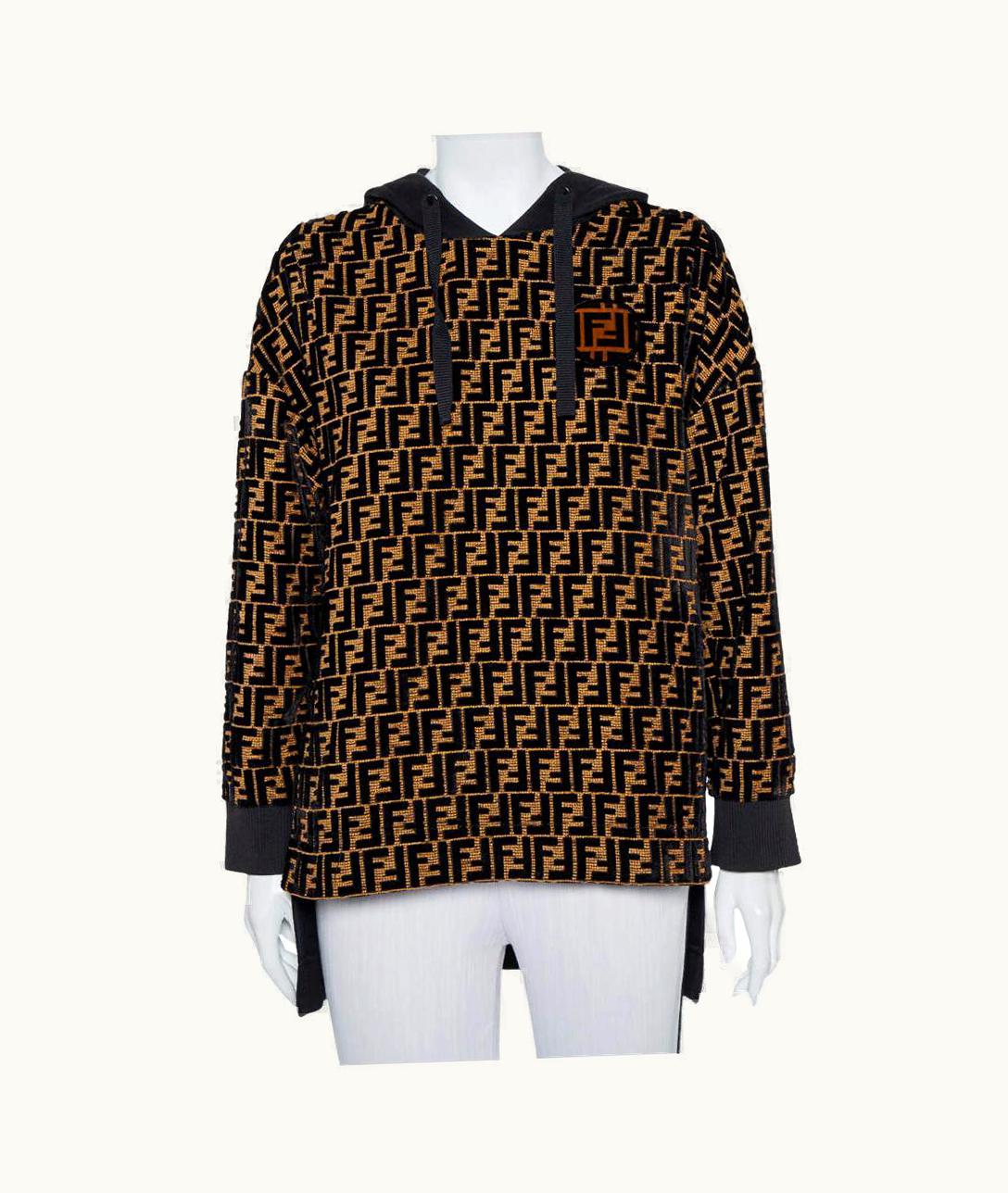 Fendi Fendi Black & Gold Velour Logo Monogram Detail Hooded Sweatshirt