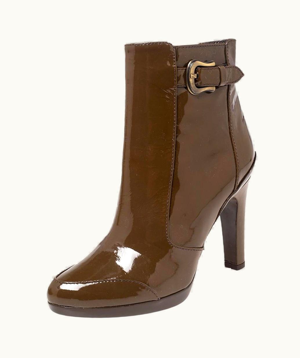 Fendi Fendi Brown Leather Patent Zipper Platform Ankle Boot