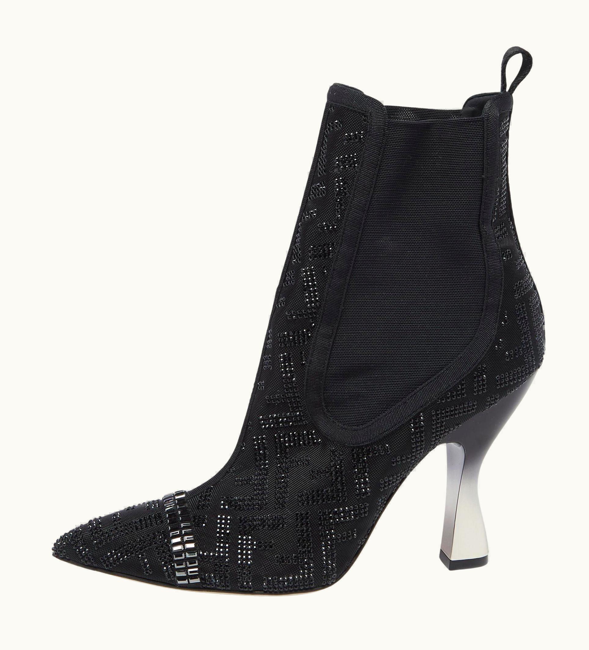 Fendi Fendi Black Canvas And Leather Embellished Ankle Boots