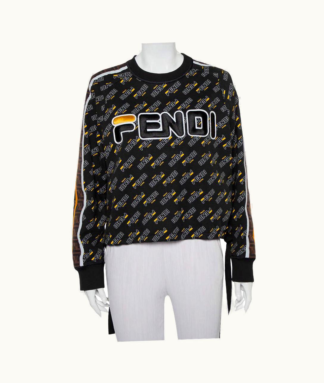 Fendi Fendi Black Logo Printed Waist Tie Detail Crewneck Sweatshirt