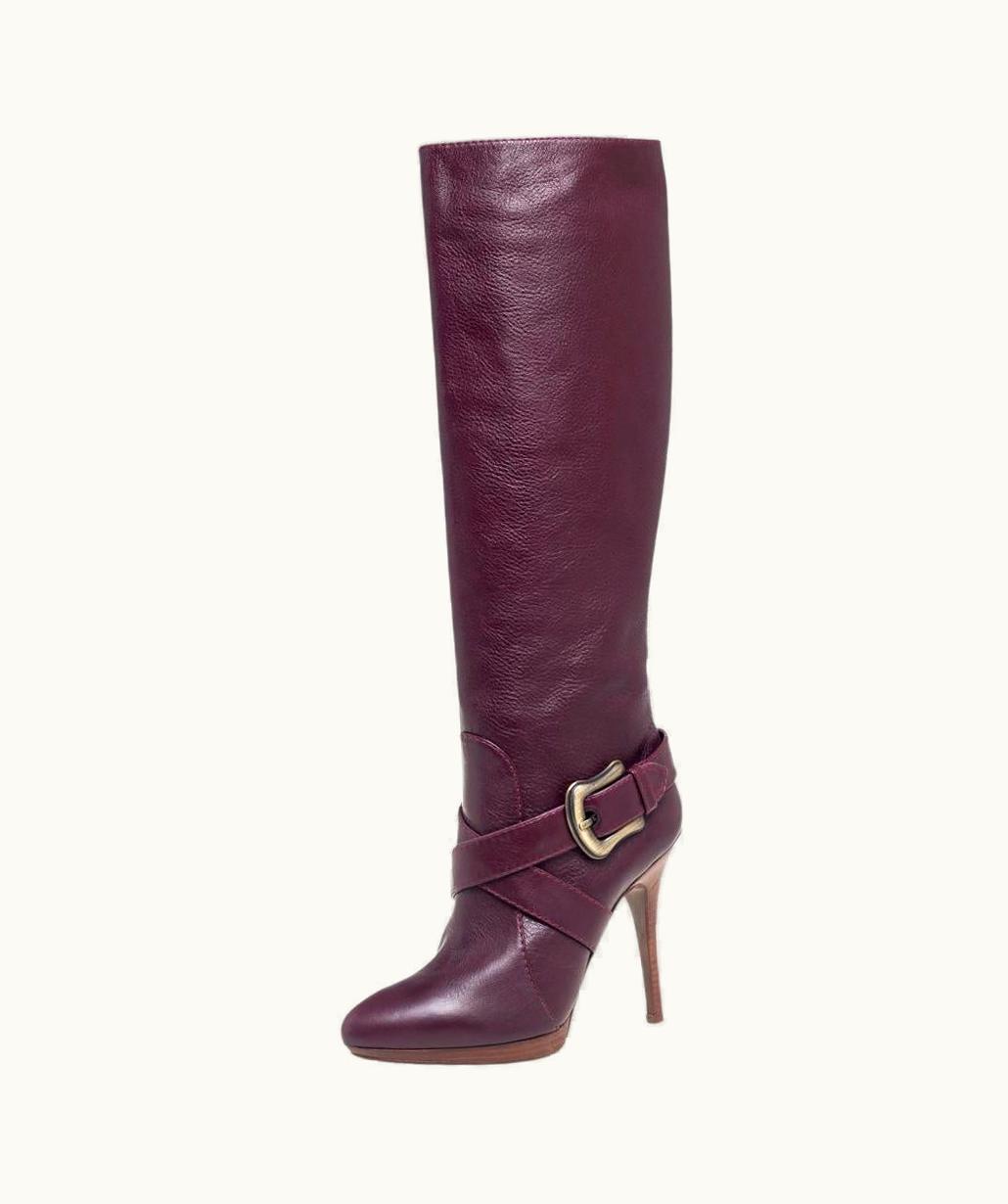 Fendi Fendi Burgundy Leather B Buckle Knee Length Boots