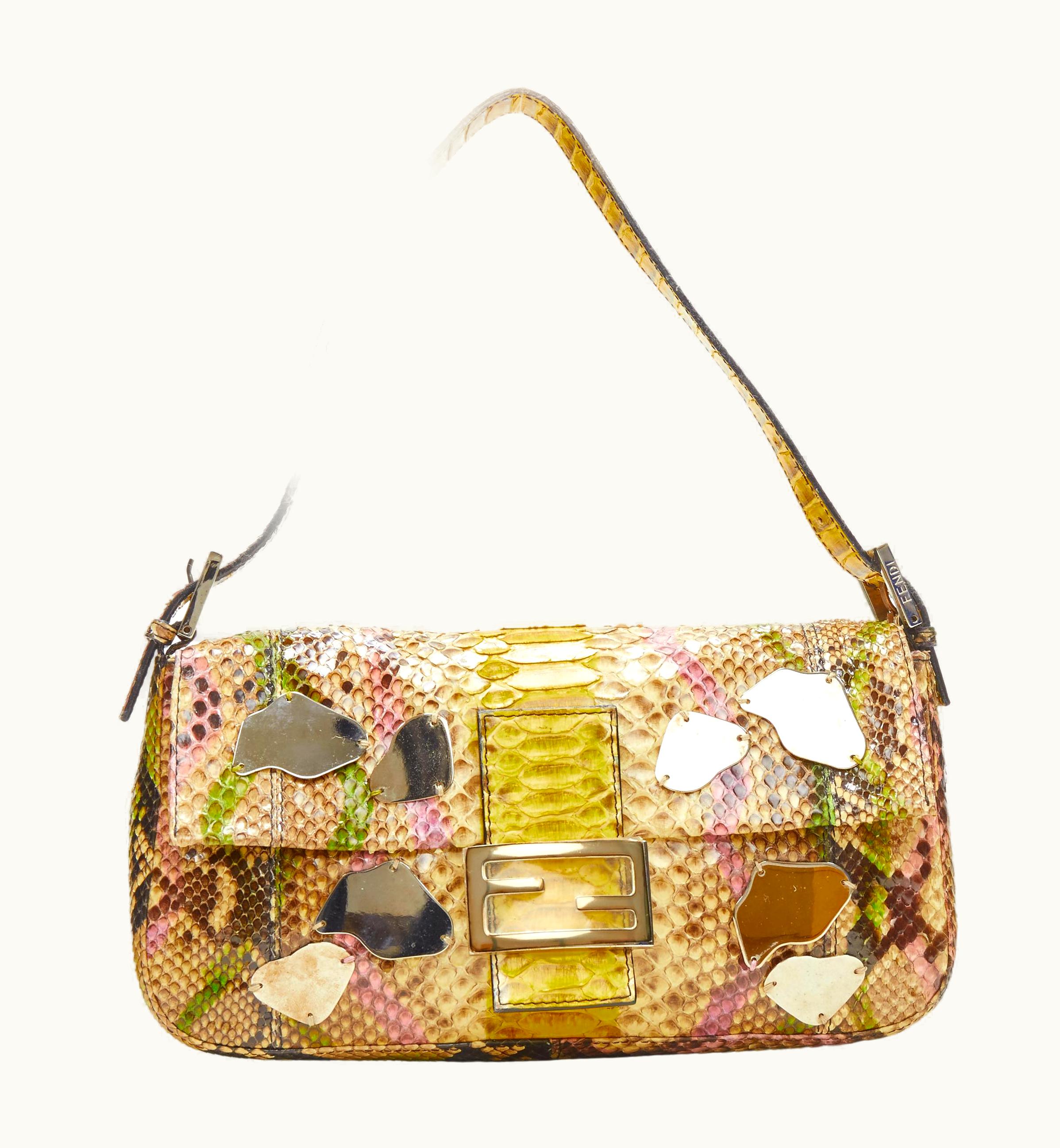 Fendi Rare Fendi Baguette Vintage Glossy Scaled Leather Gold Mirror Applique Bag