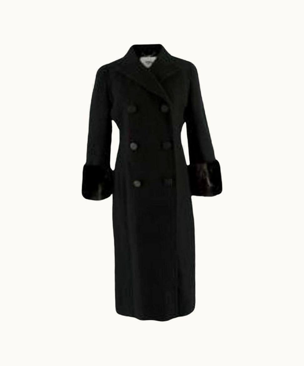Fendi Fendi Black Wool Double Breasted Coat With Mink Fur Cuffs