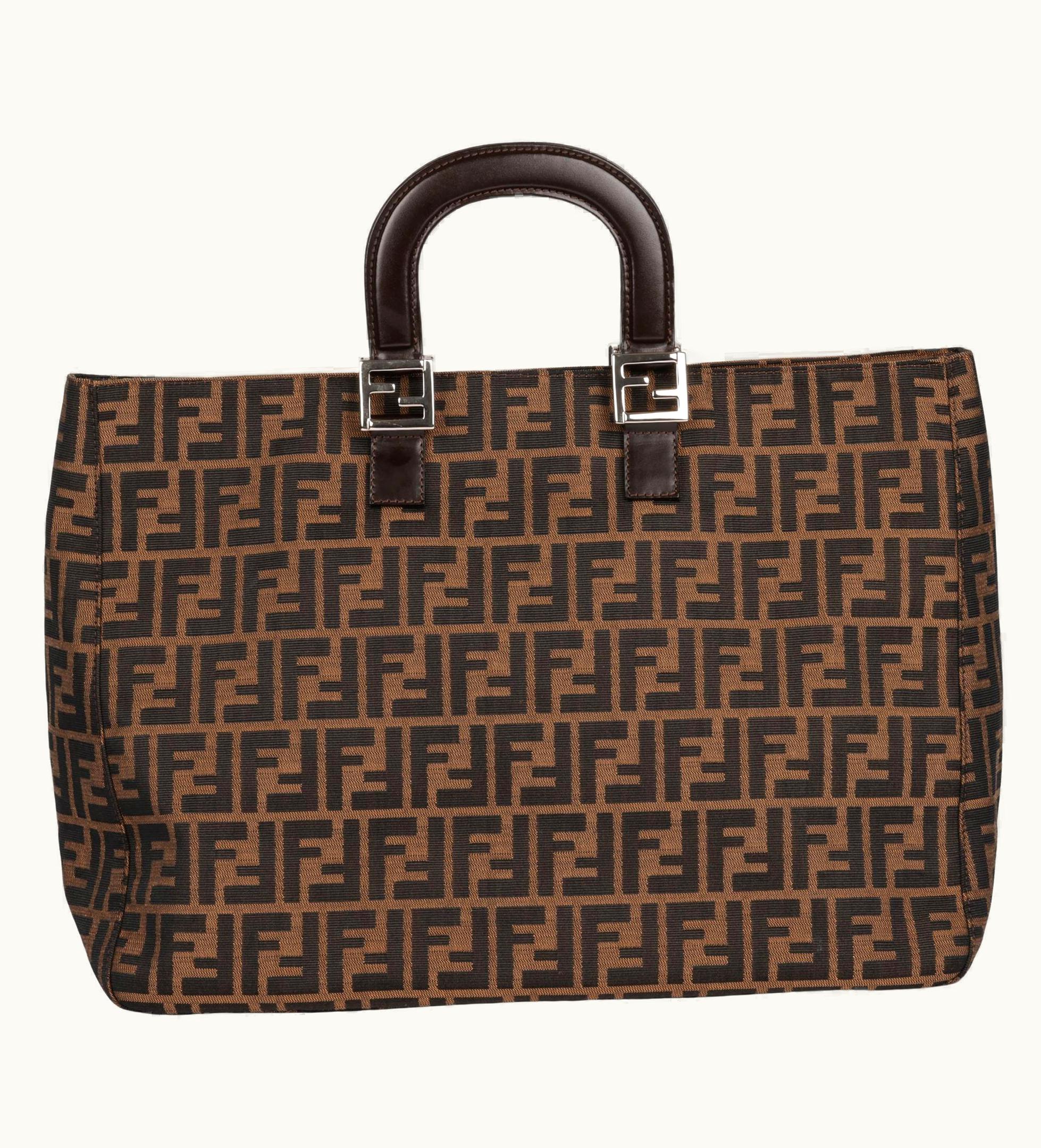Fendi Fendi Brown Zucca Monogram Canvas & Calfskin Leather Vintage Large Tote