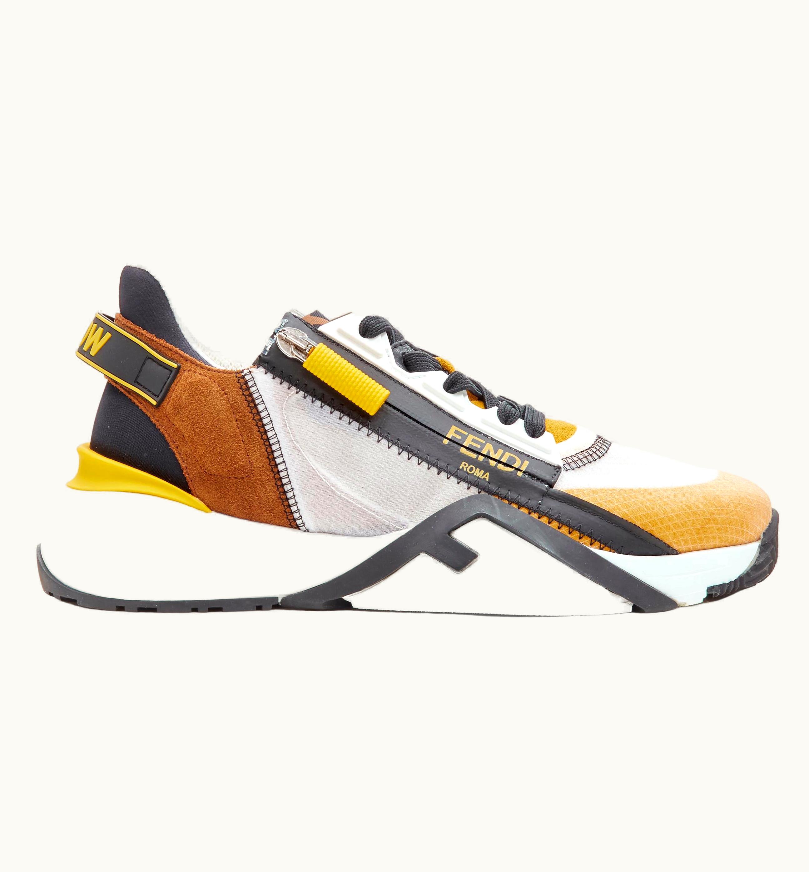 Fendi Fendi Flow White Yellow Brown Logo Zip Low Top Sneaker