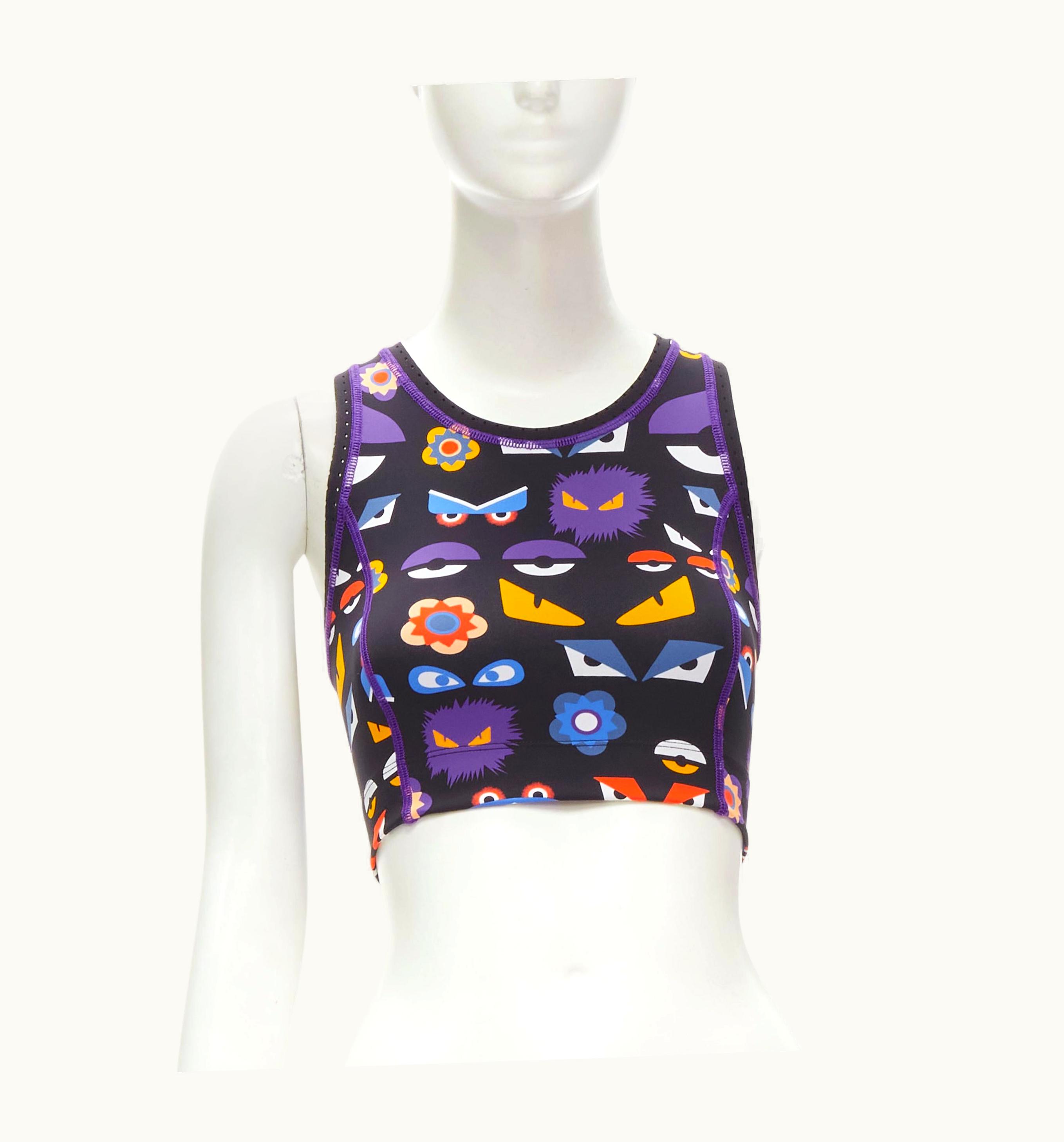 Fendi Fendi Activewear Monster Bug Eye Black Graphic Print Perforated Crop Top