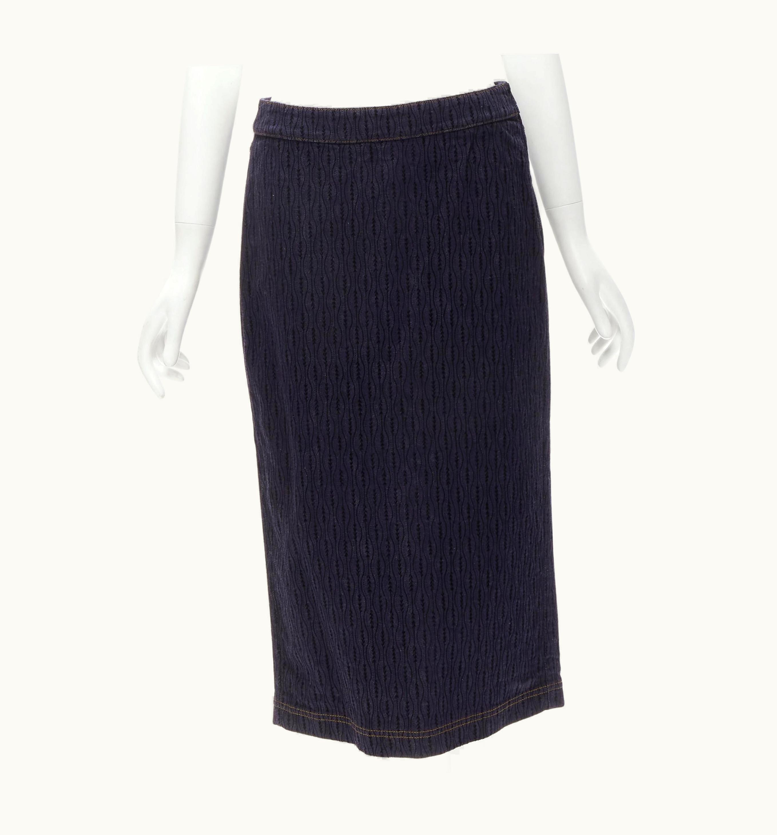 Fendi Fendi Black Graphic Flocked Velvet Indigo Denim Midi Skirt