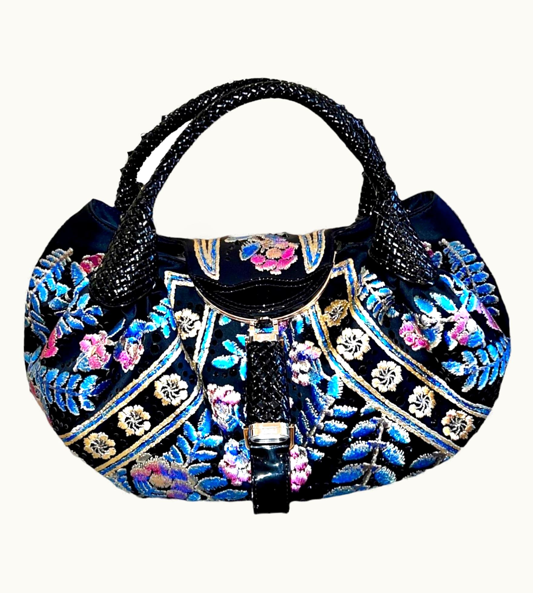 Fendi Unworn Fendi Spy Bag Floral Hand-Embroidery Hand-Painted Black Crystals 2005