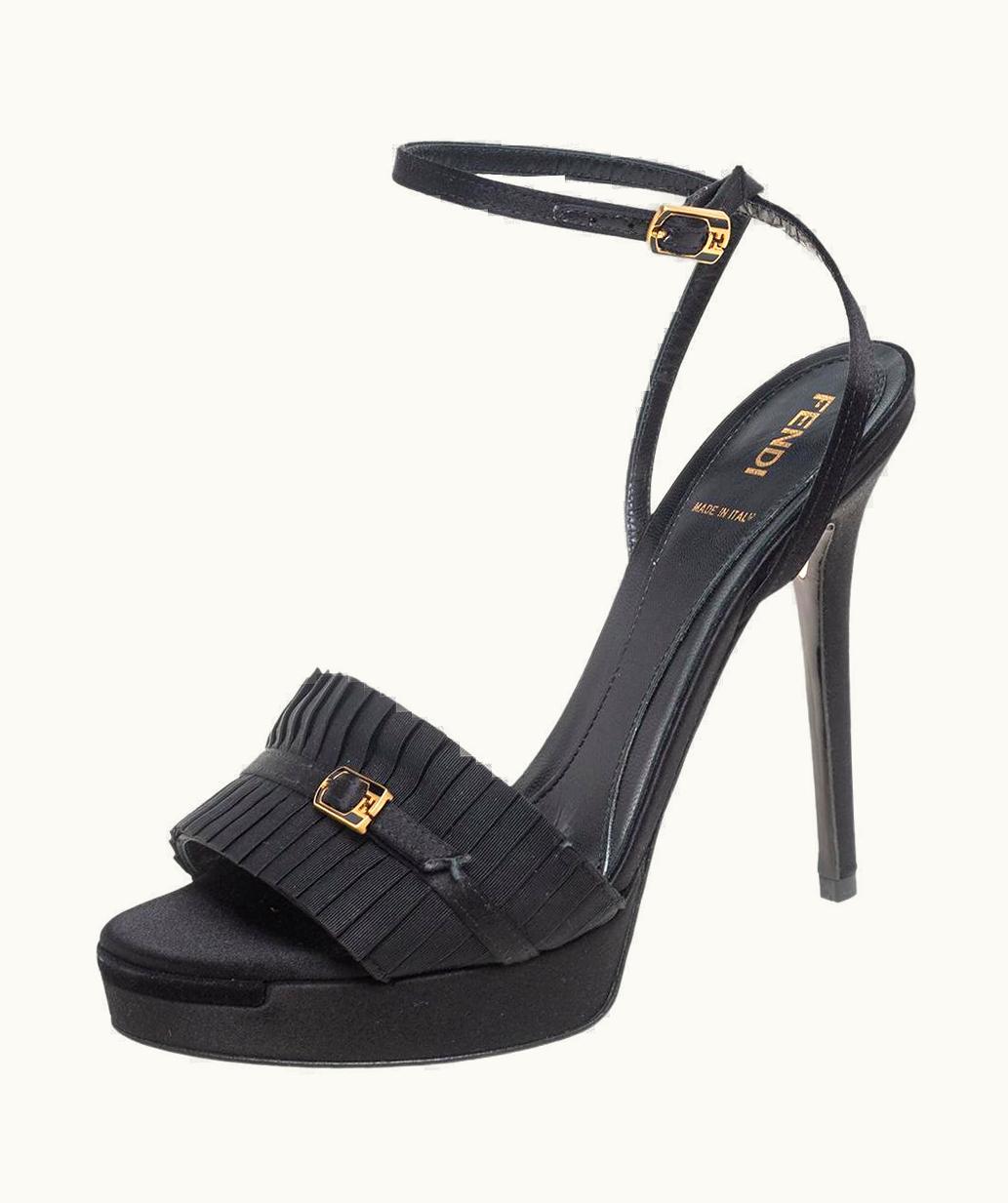 Fendi Fendi Black Canvas And Satin Ankle Strap Platform Sandals