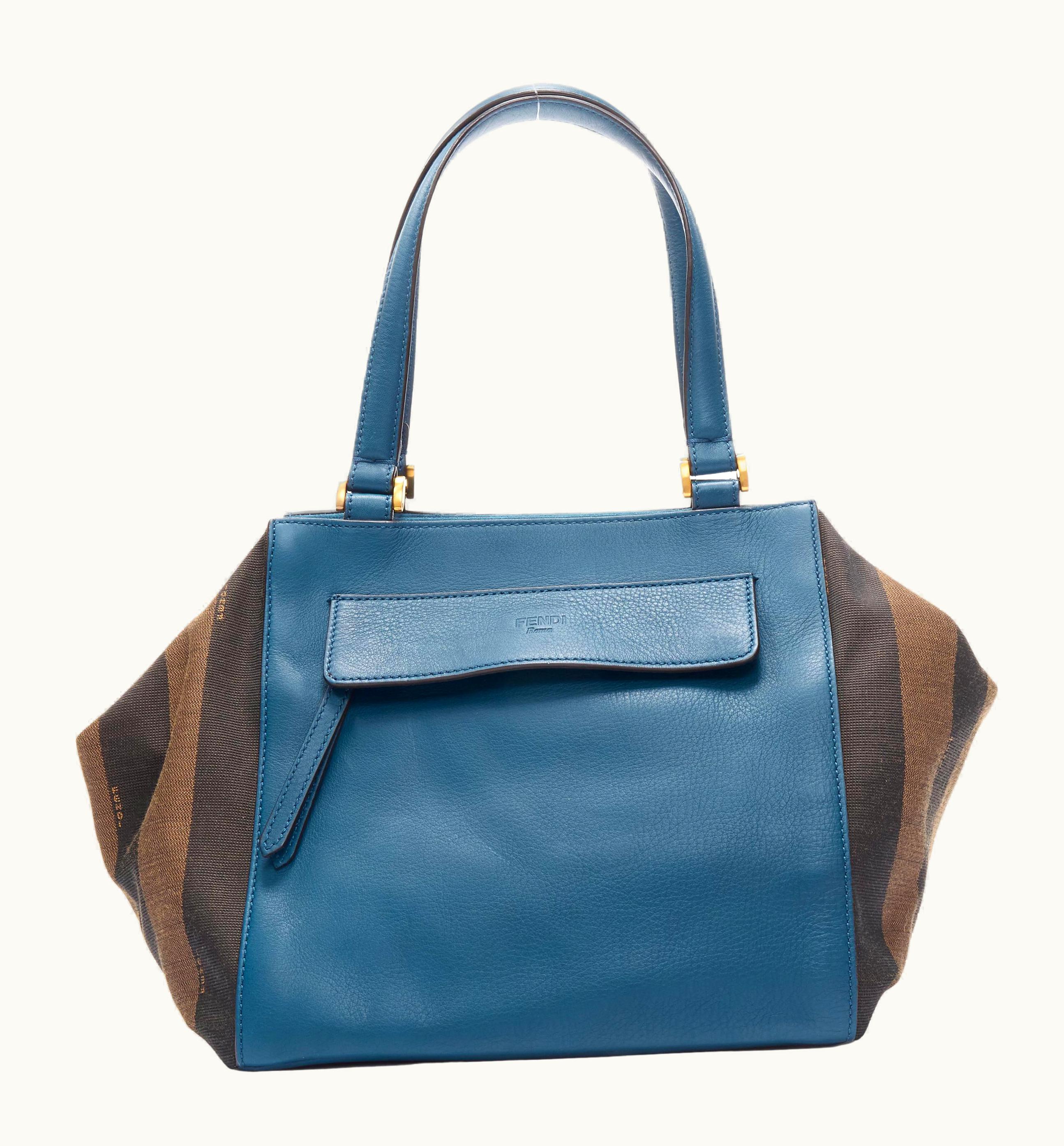 Fendi Fendi Navy Blue Leather Penguine Stripe Canvas Flared Side Tote Bag