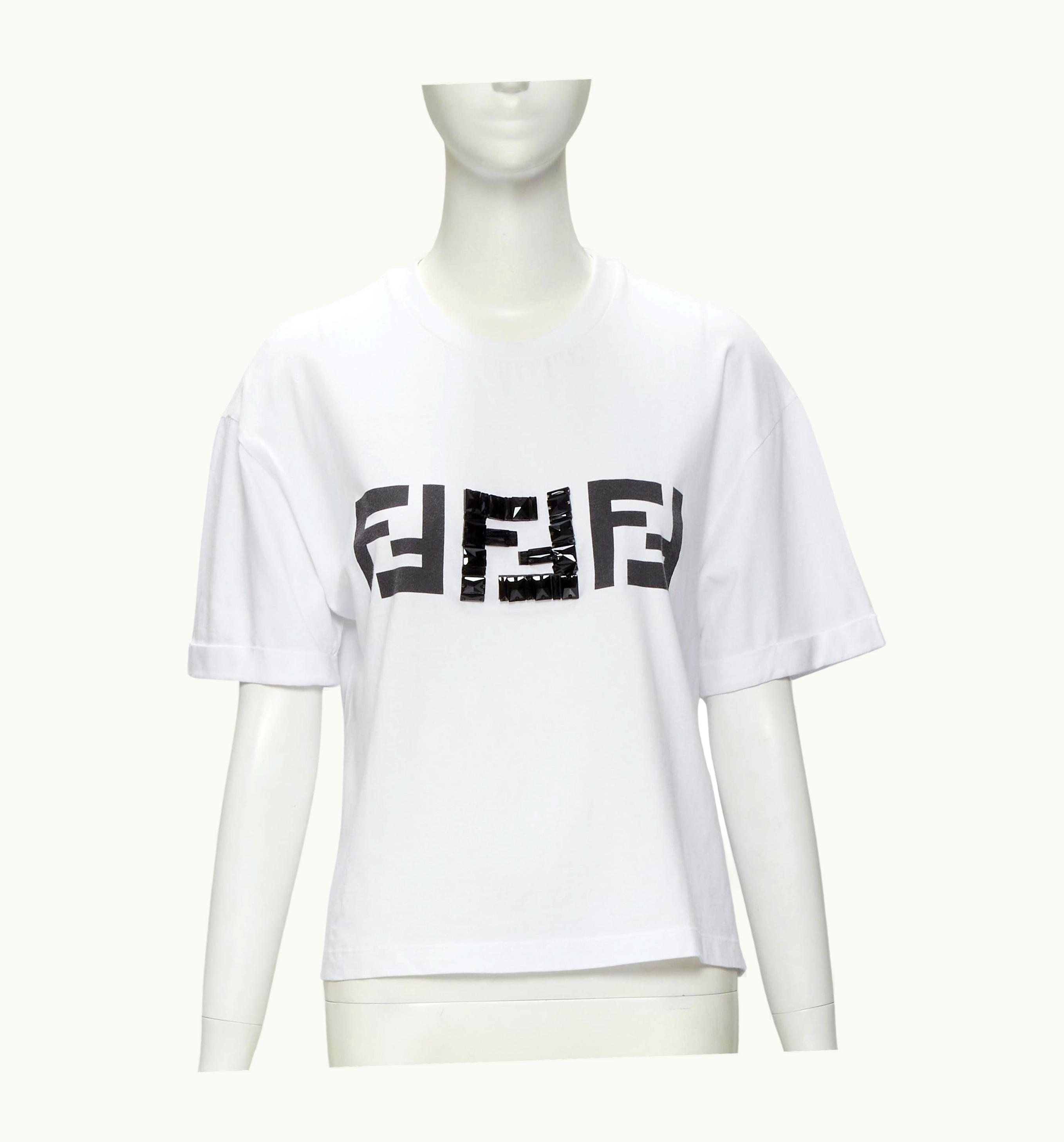 Fendi Fendi Roma Black Bead Embellished Ff Zucca Logo White Tshirt UZ0599355