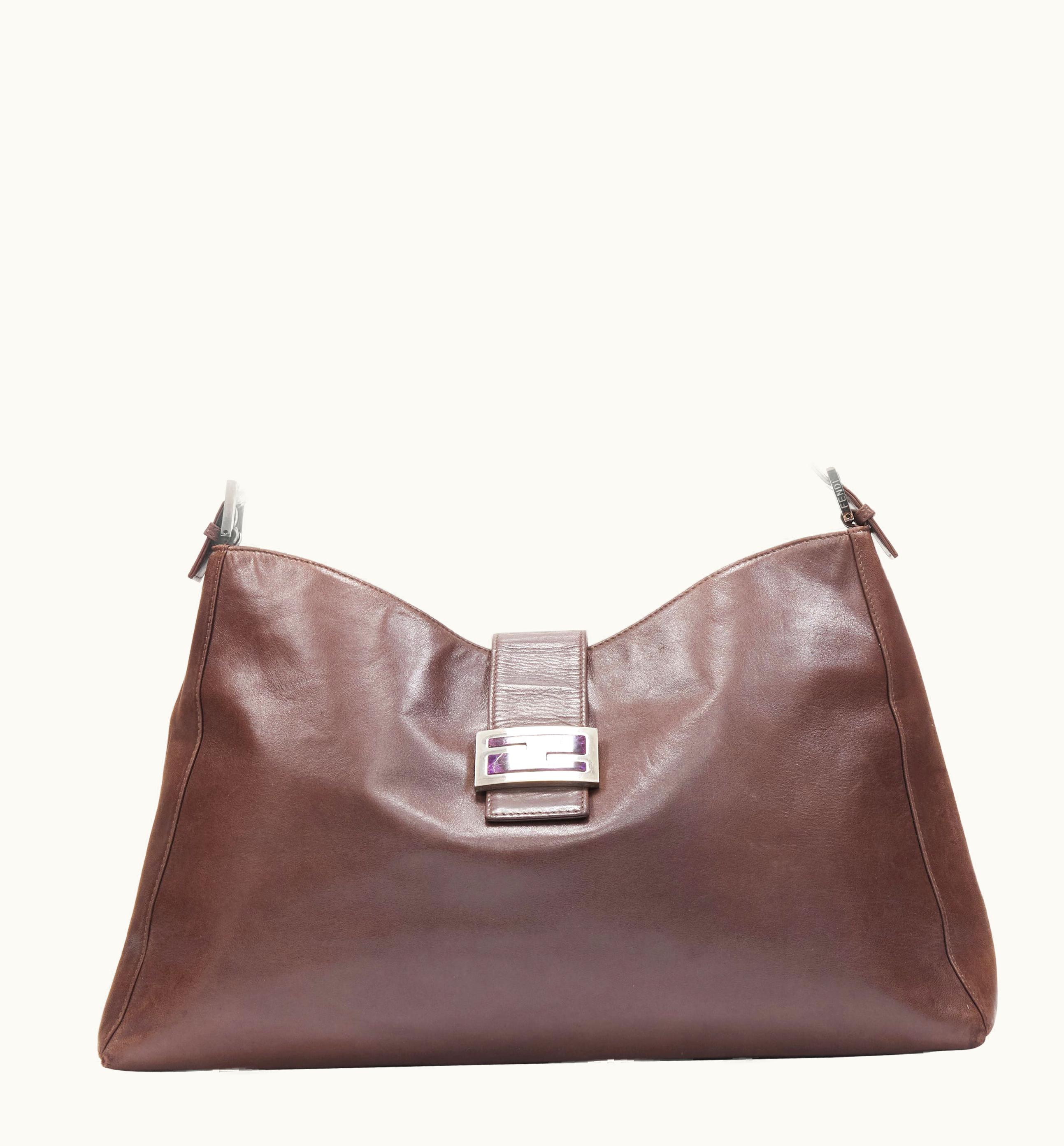Fendi Vintage Fendi Brown Leather Purple Stone Ff Buckle Large Shoulder Bag