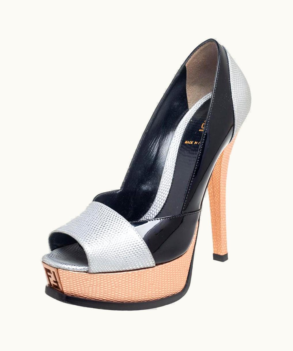 Fendi Fendi Multicolor Fendista Colorblock Lizard-Embossed Leather Peep Toe