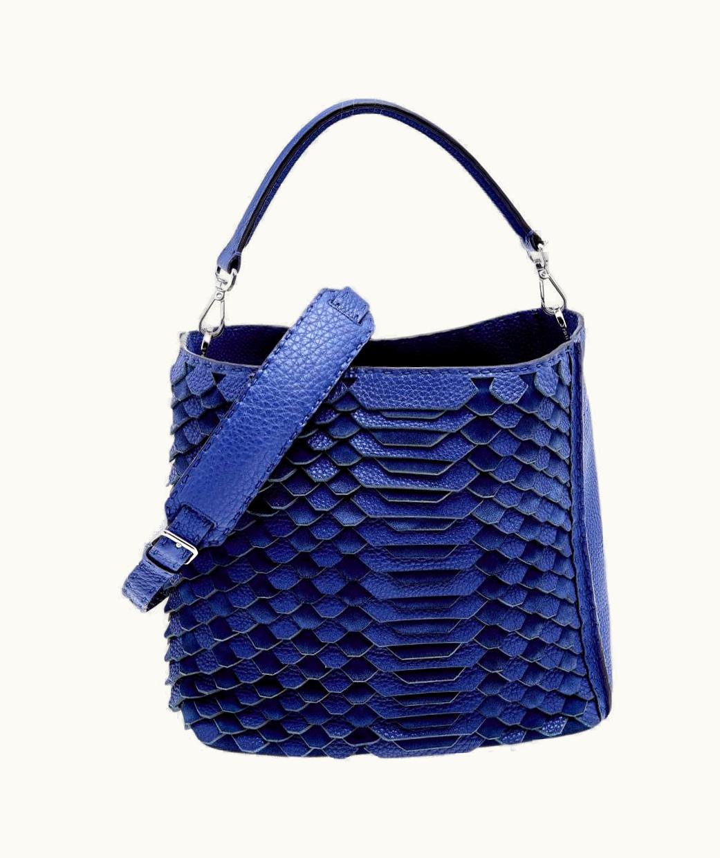 Fendi Fendi Blue Selleria Leather And Suede Small Scalloped Anna Bucket Bag