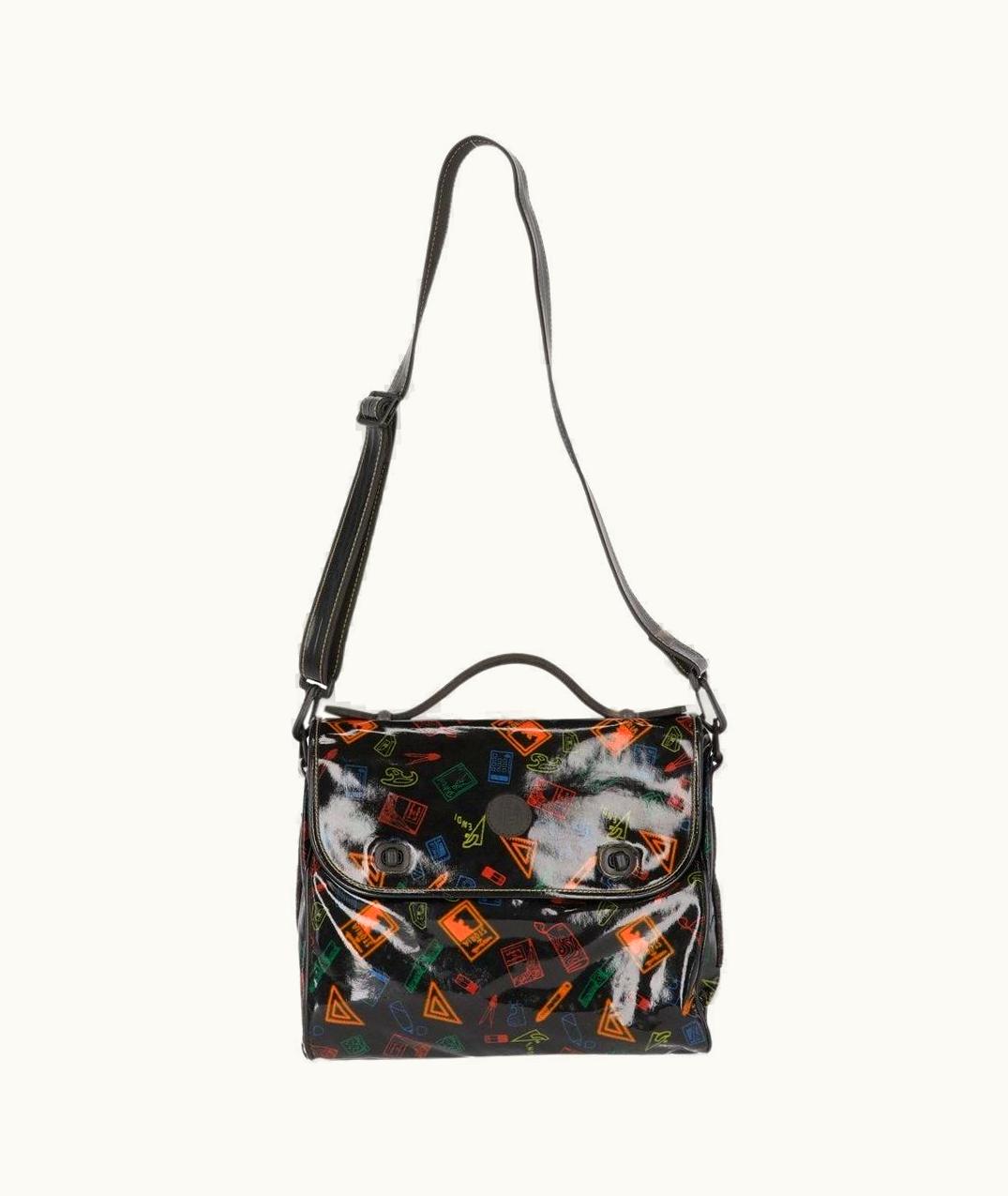 Fendi 80s Fendi "Stiassi" Vintage Black Patent Leather Satchel Bag With School Prints