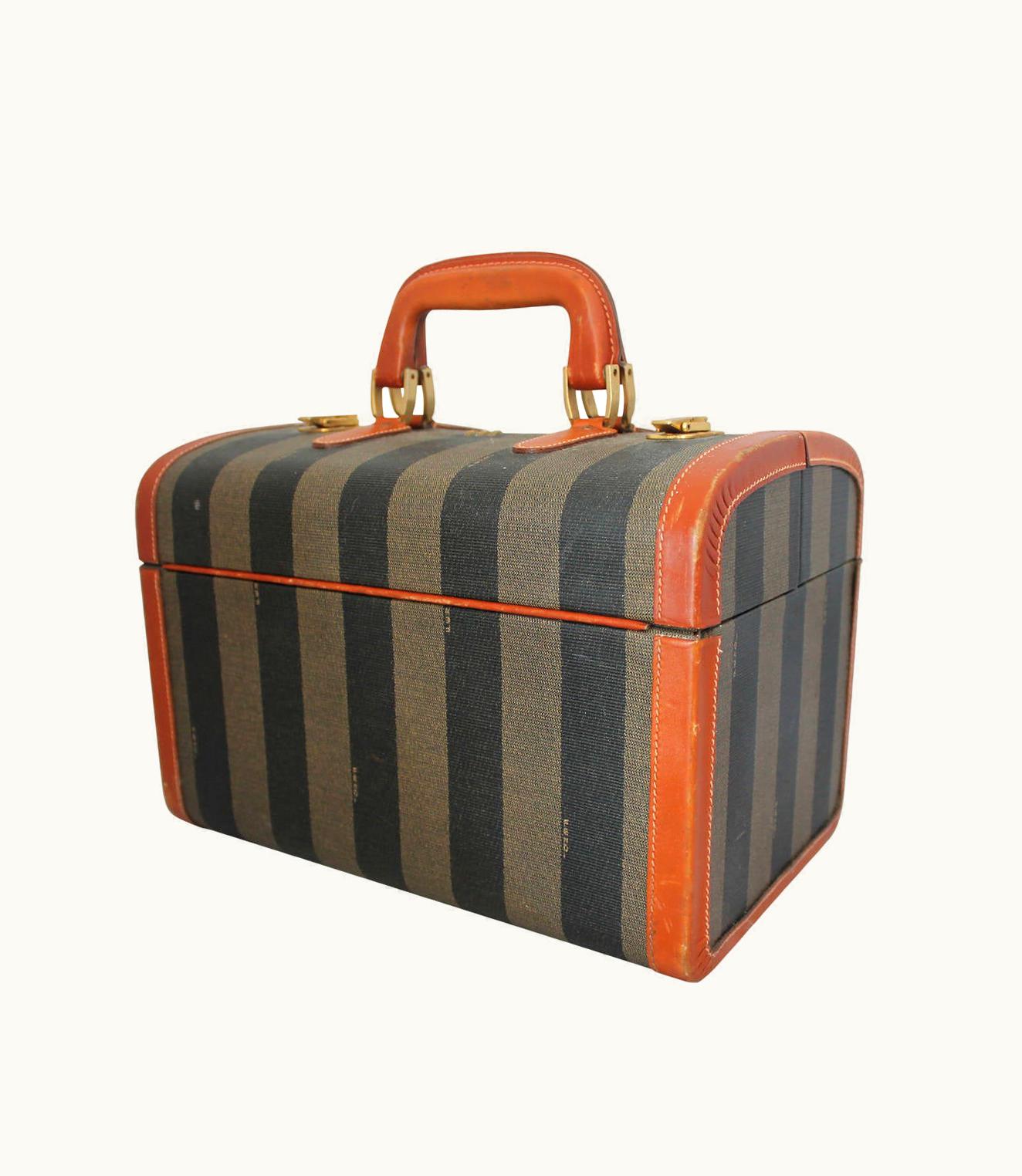 Fendi Fendi 1980' Vintage Olive & Black Striped Small Trunk With Brown Leather