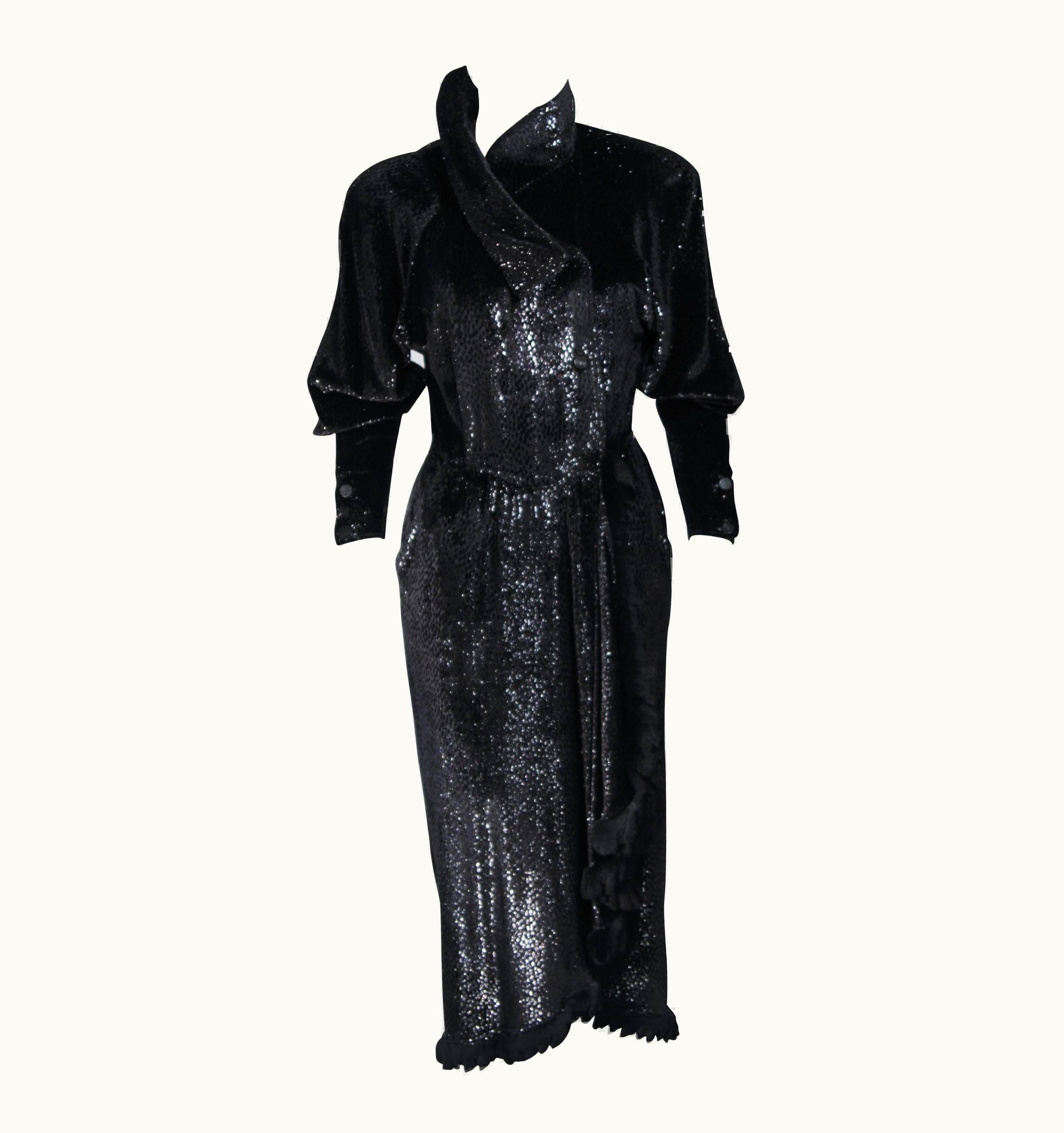 Fendi Fendi 365 Circa 1980' Black Reflective Velvet Texture Wrap Dress With Mink
