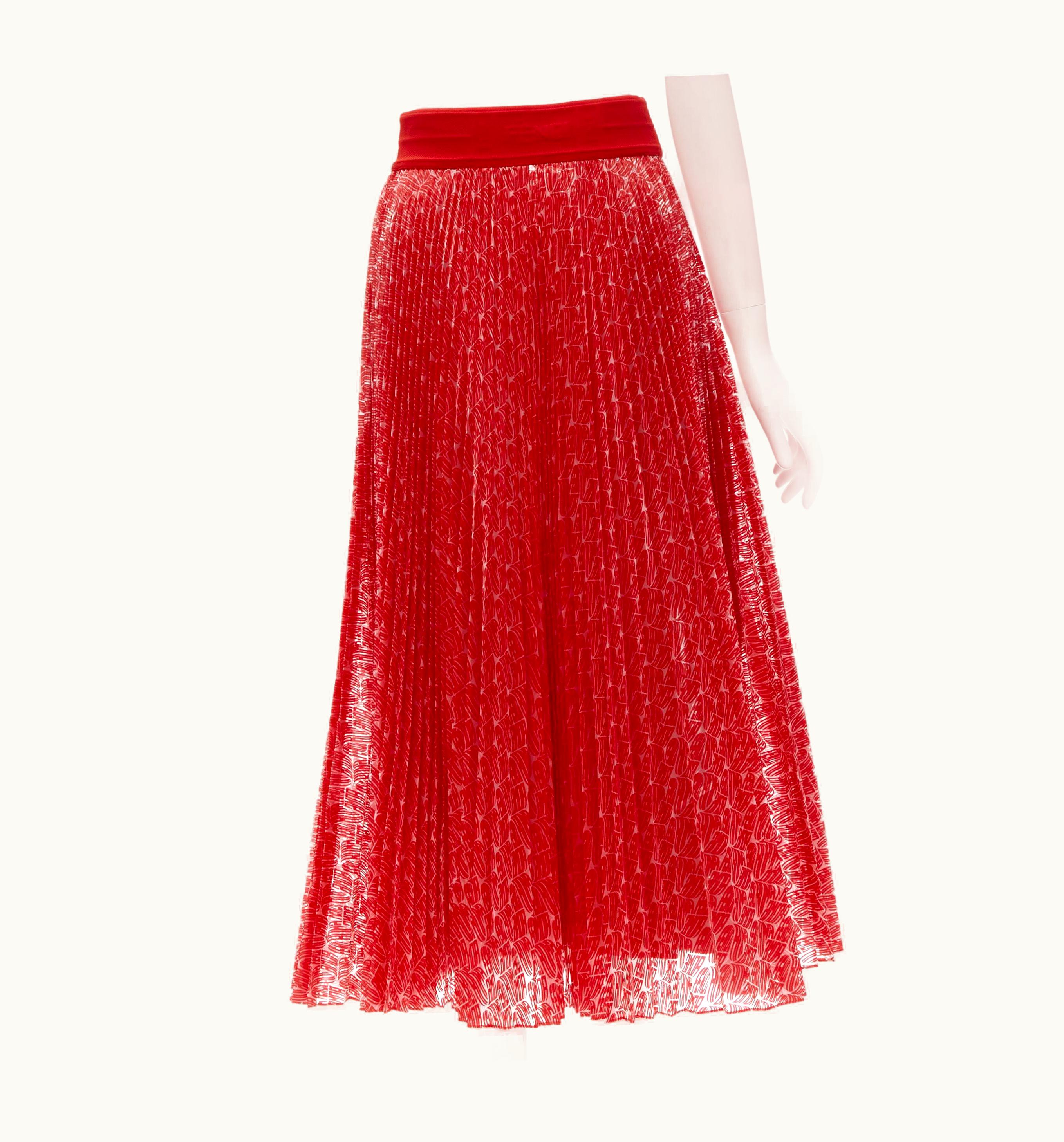 Fendi Fendi Roma Amor Red Graphic Print Pleated Polyester Plisse Skirt