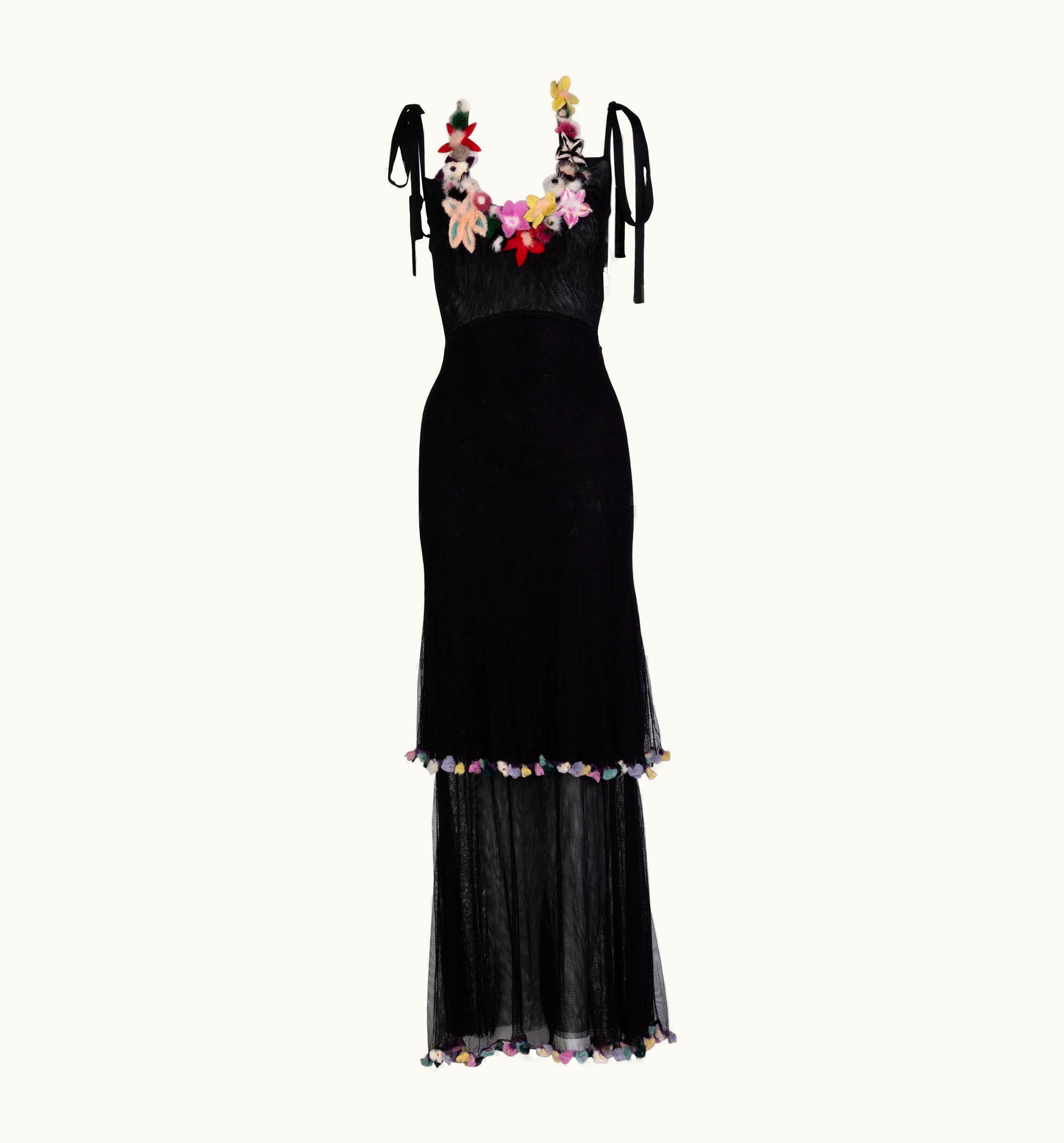 Fendi Fendi Black Silk Mesh Tiered Hourglass Fur Floral Applique Maxi Dress