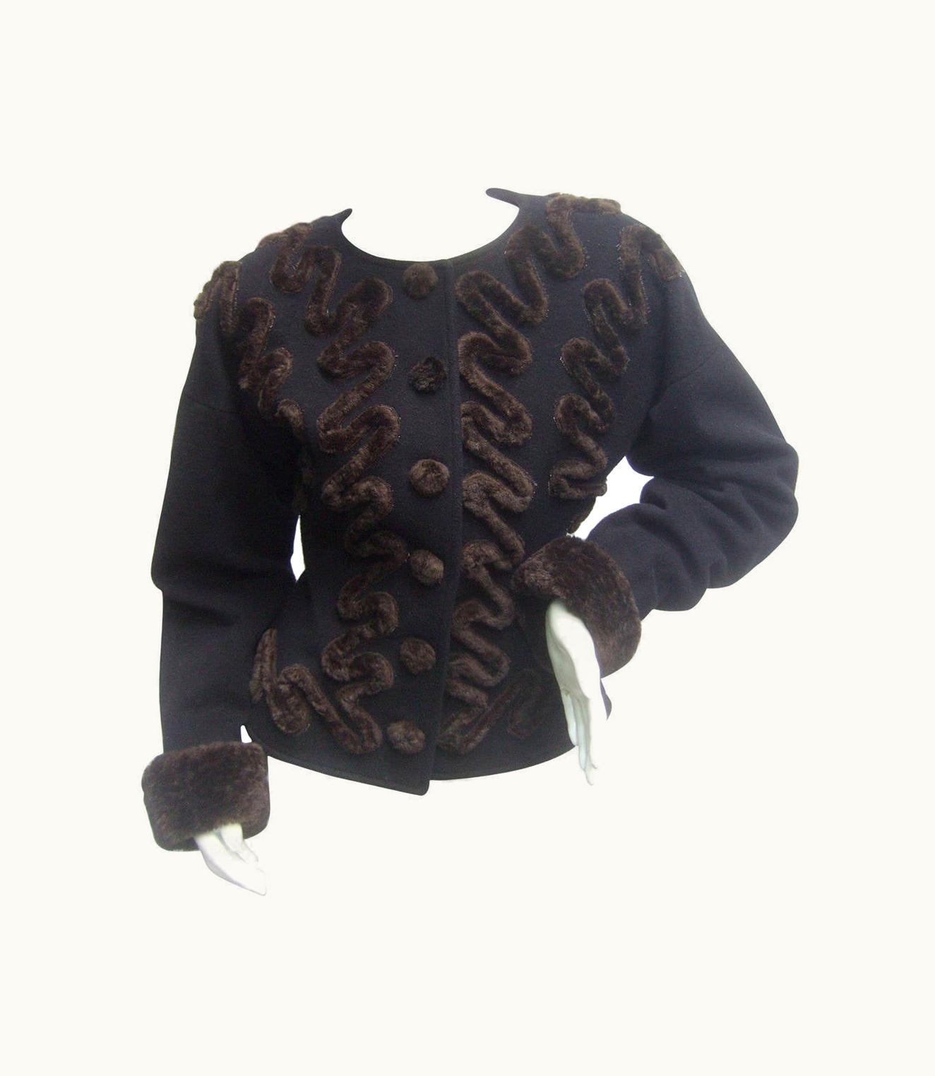 Fendi Fendi Italy Black Wool Applique Faux Fur Jacket Ca 1990s