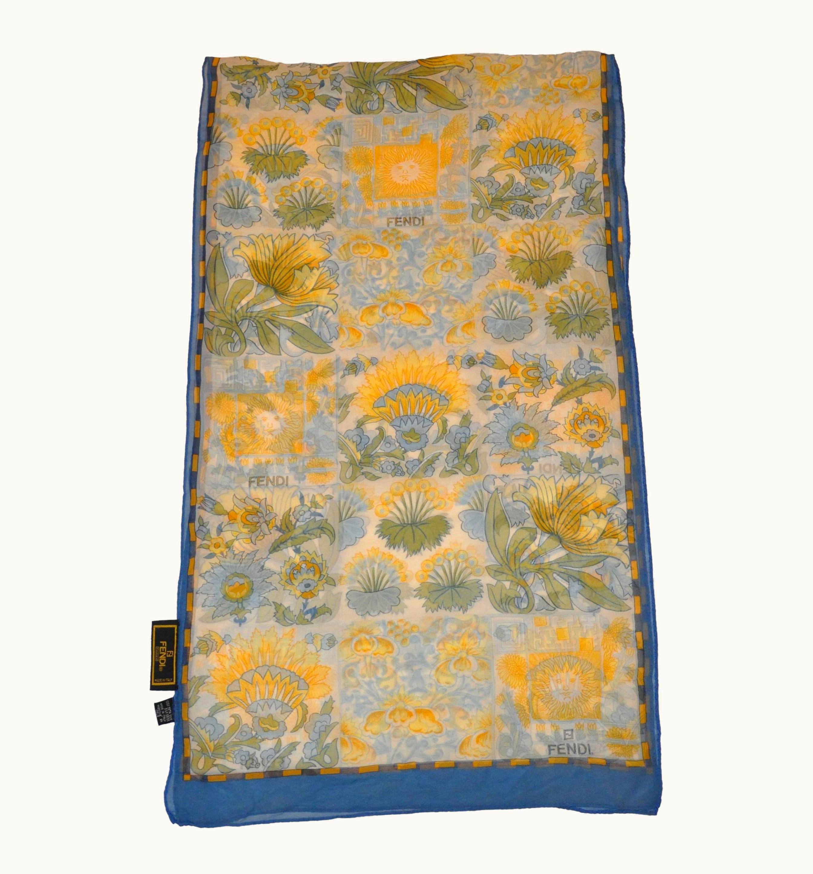 Fendi Fendi Collection Of Floral Shades Of Olive And Green Silk Chiffon Scarf