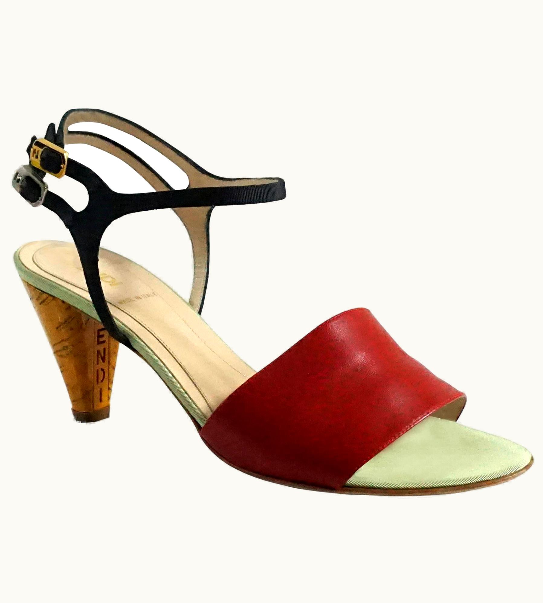 Fendi Fendi Black And Red Ankle Strap Sandal WS/S Laquer Cork Heel-36