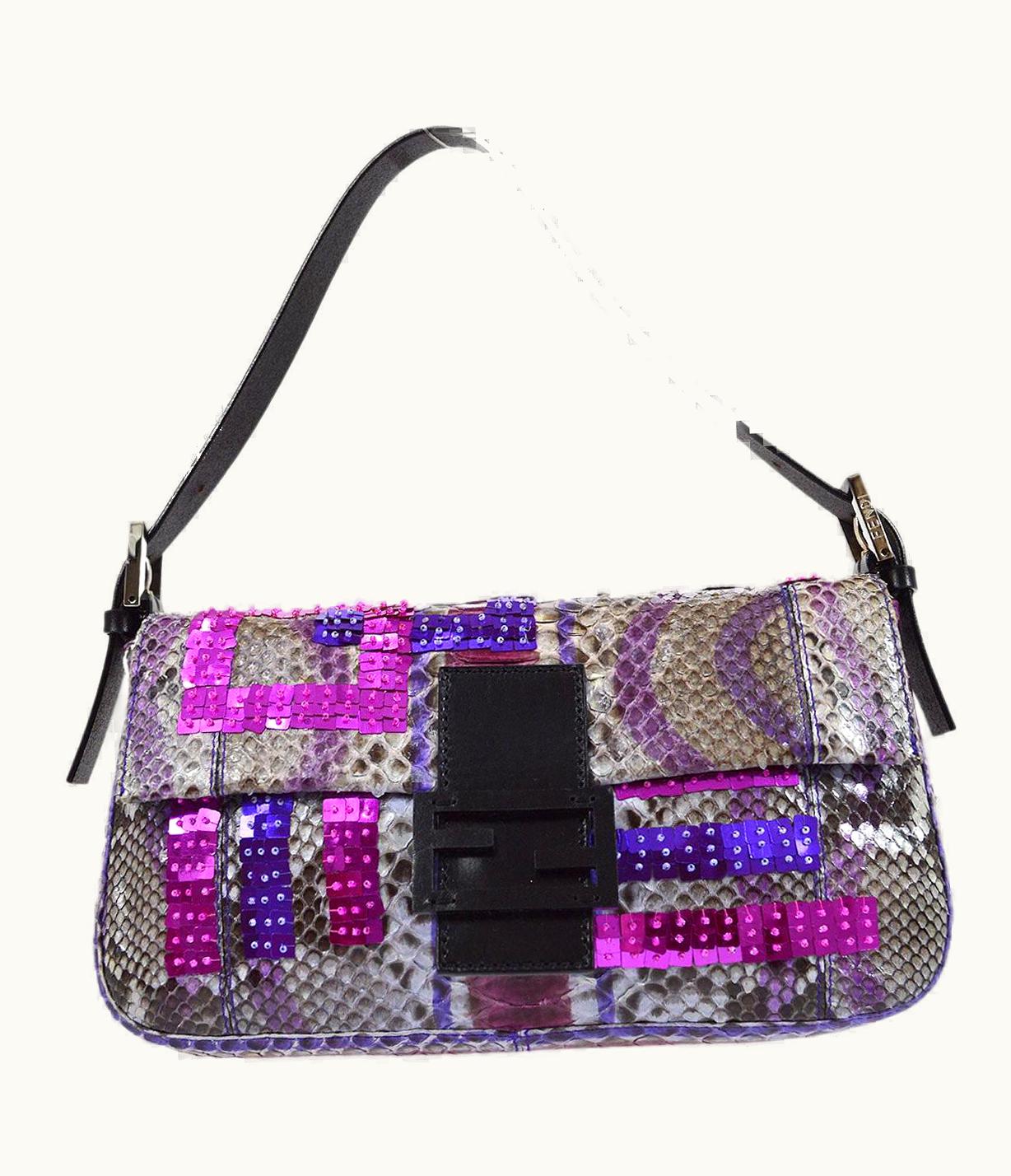 Fendi Fendi Purple Gray Sequin Python Leather Baguette Evening Shoulder Flap Bag