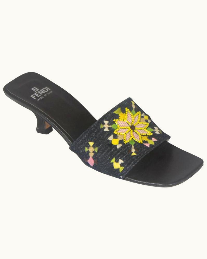 Fendi Fendi Denim Slides With Multi-Colored Embroidered And Beaded Design - 7m