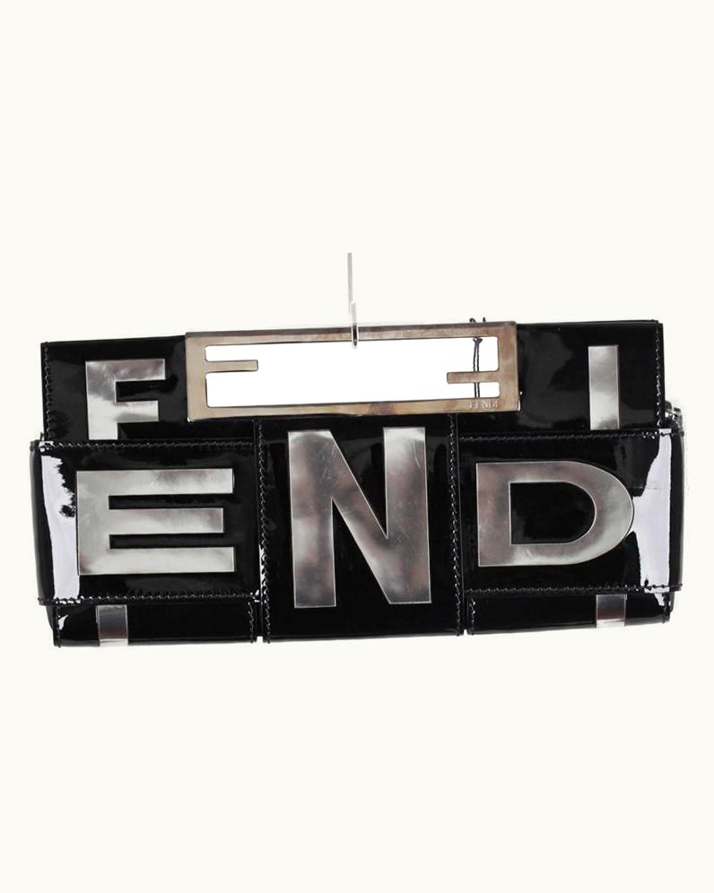 Fendi Fendi Black Patent Leather Crossword Clutch Bag Handbag