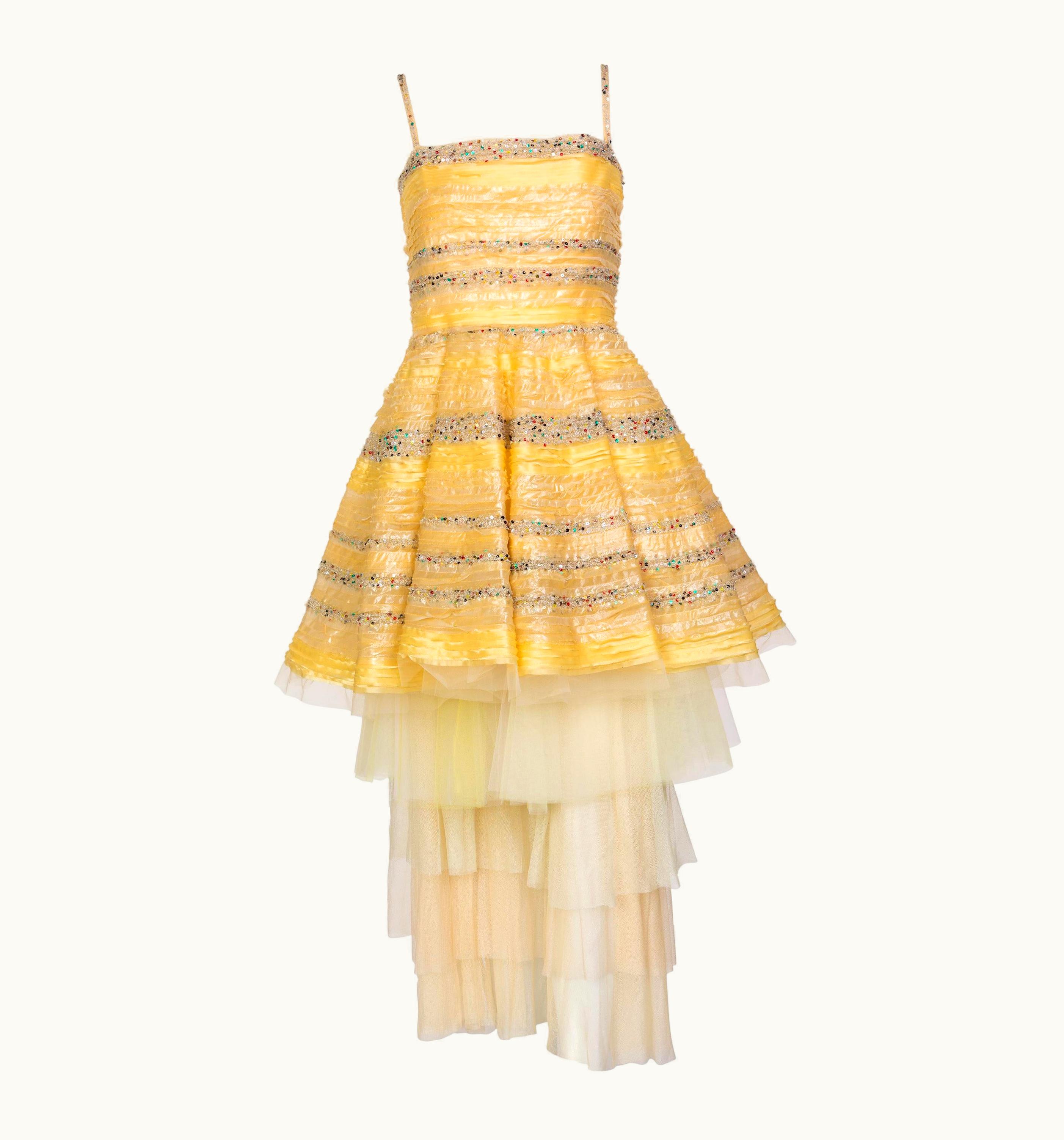 Fendi Fendi Yellow Silk Sequins Tulle Dress + Petticoat Set Runway 2008