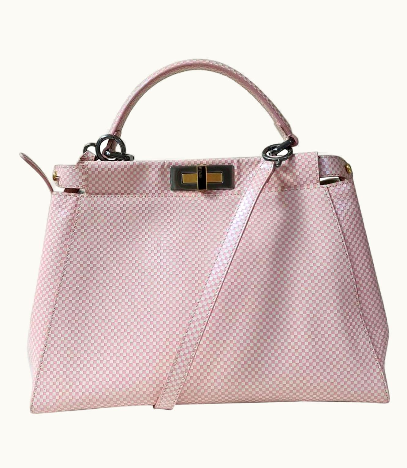 Fendi Fendi Pink/White Checkered Leather Sequin Lining Medium Peekaboo Top Handle Bag