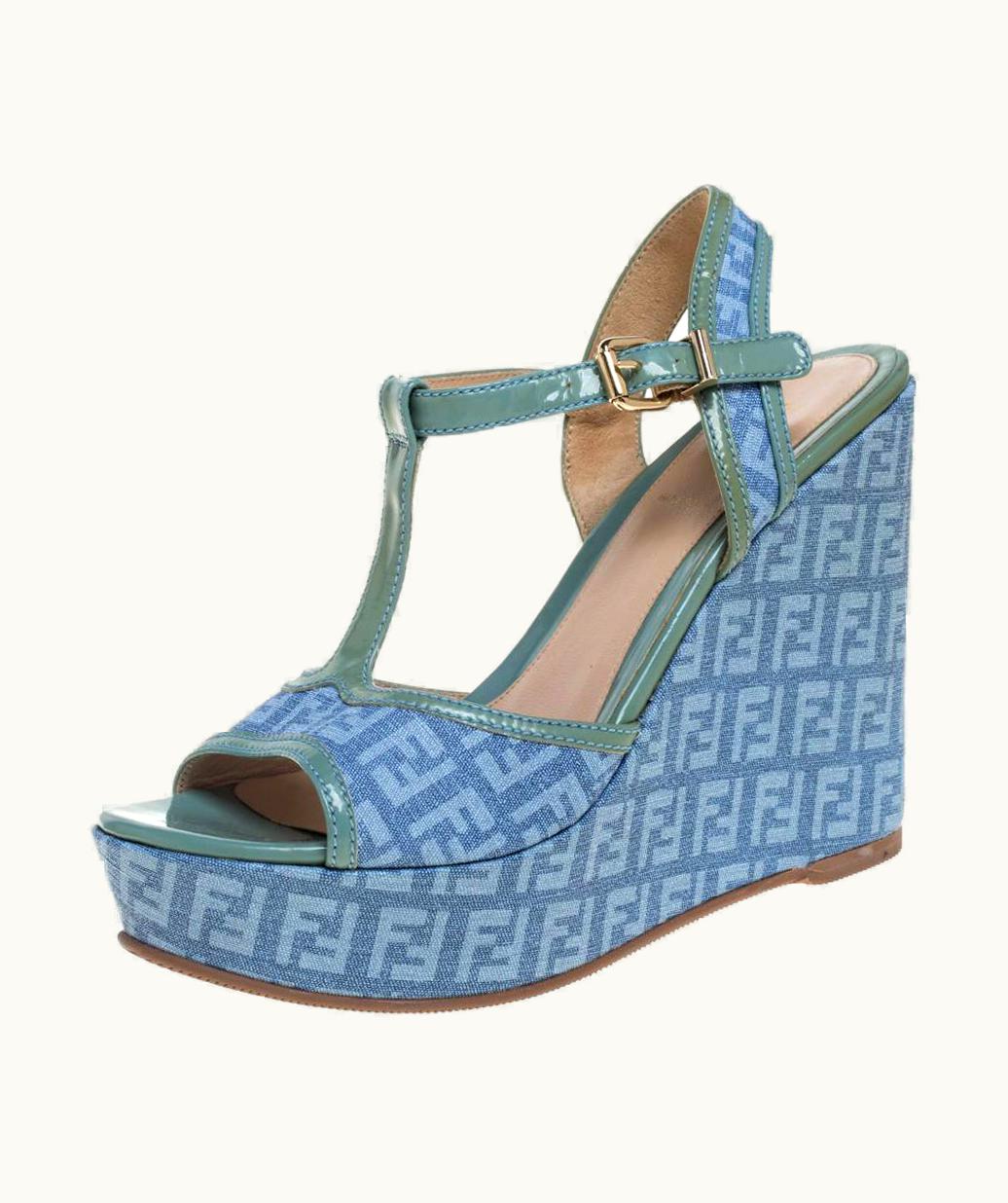 Fendi Fendi Blue/Green Canvas And Patent Leather Wedge Sandals