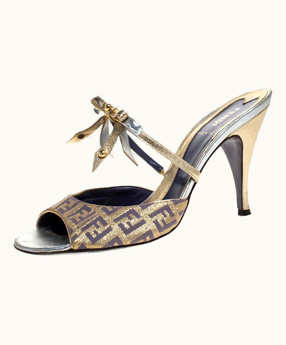 Fendi Fendi Multicolor Zucca Canvas And Leather Bow Slide Sandals