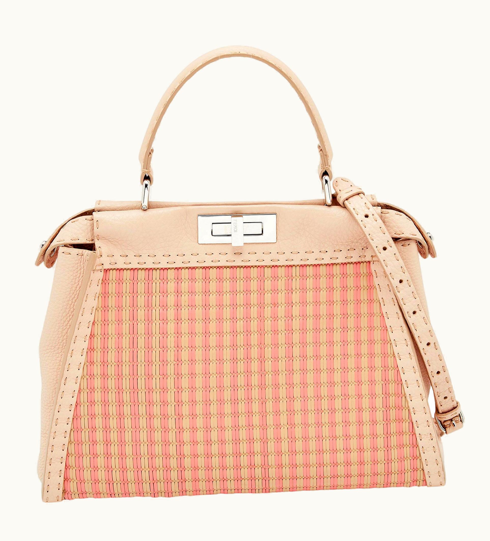 Fendi Fendi Cream/Coral Woven Leather Medium Peekaboo Selleria Top Handle Bag UZ0599640