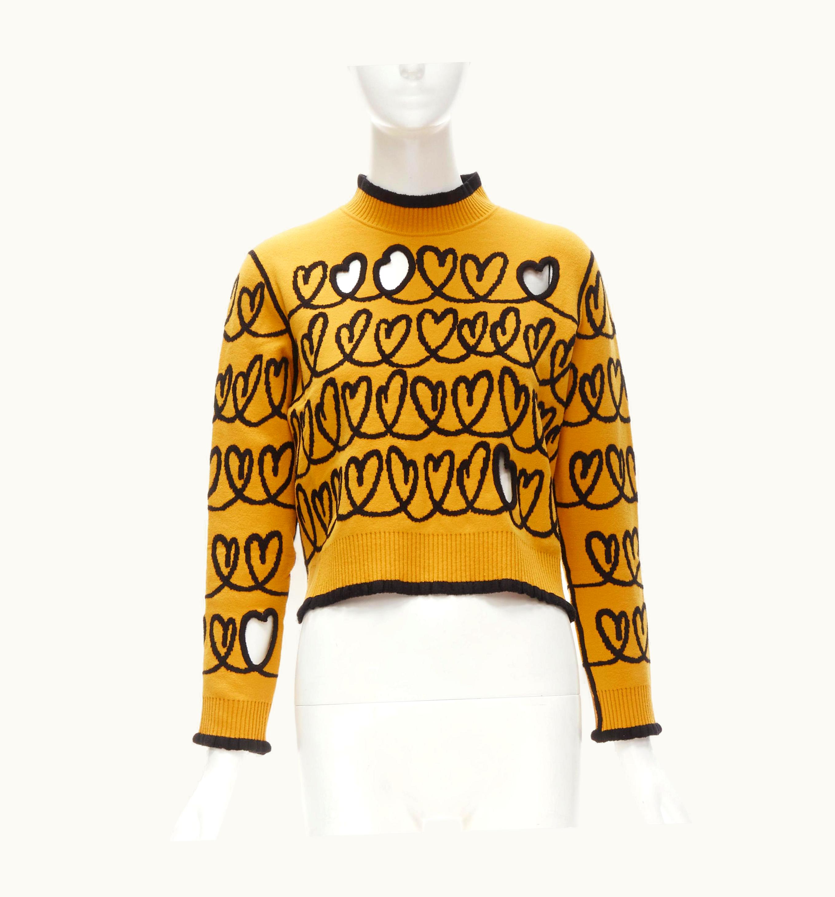Fendi Fendi Scribble Heart Cut Out Yellow Black Knit Cropped Pullover Sweater