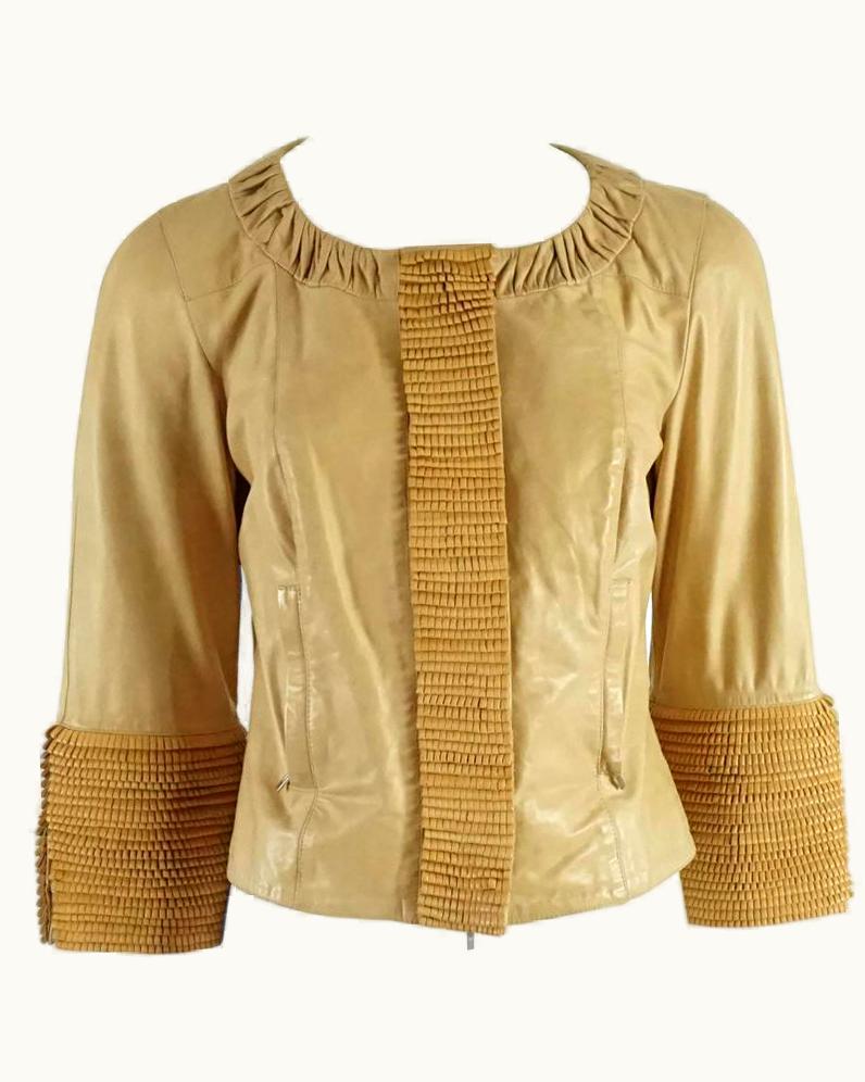 Fendi Fendi Tan Leather Jacket With Fringe Detail WS/S Bracelet Sleeve