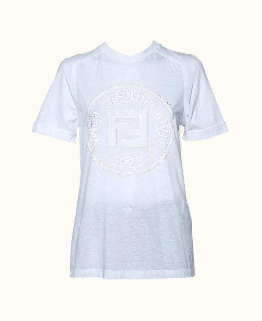 Fendi Fendi White Sequin Embellished Logo Embroidered Cotton Fringed T Shirt Xxs