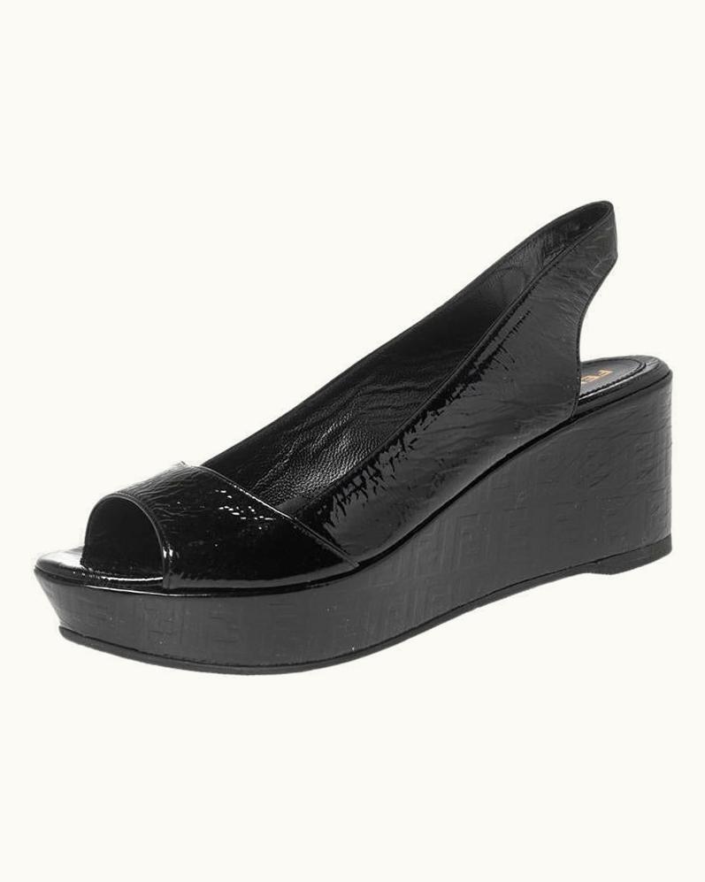 Fendi Fendi Black Crinkled Patent Leather Ff Wedge Slingback Sandals UZ0599649
