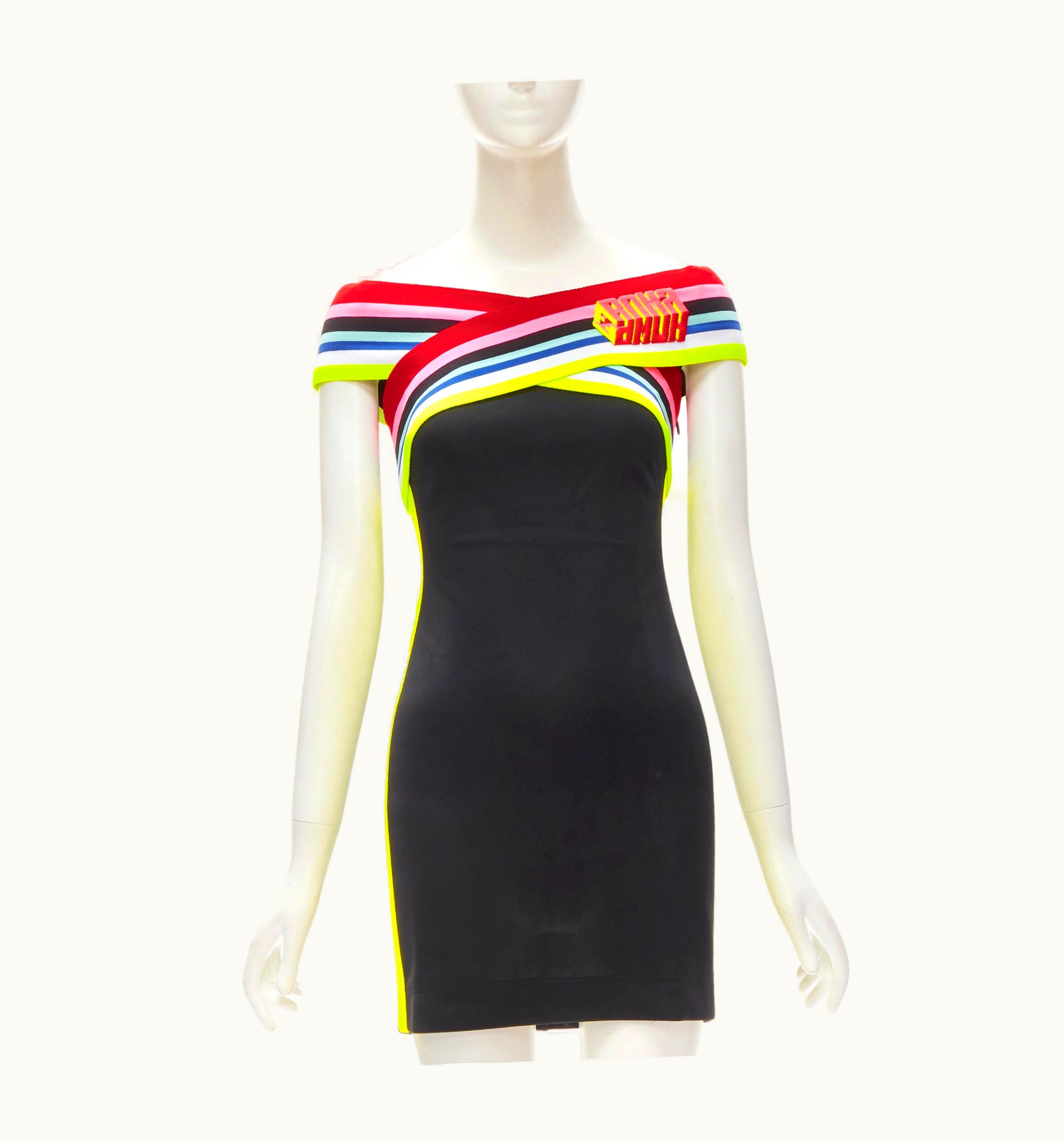 Fendi Fendi Roma Amor Neon Cross Strap Ff Zucca Black Bodycon Dress