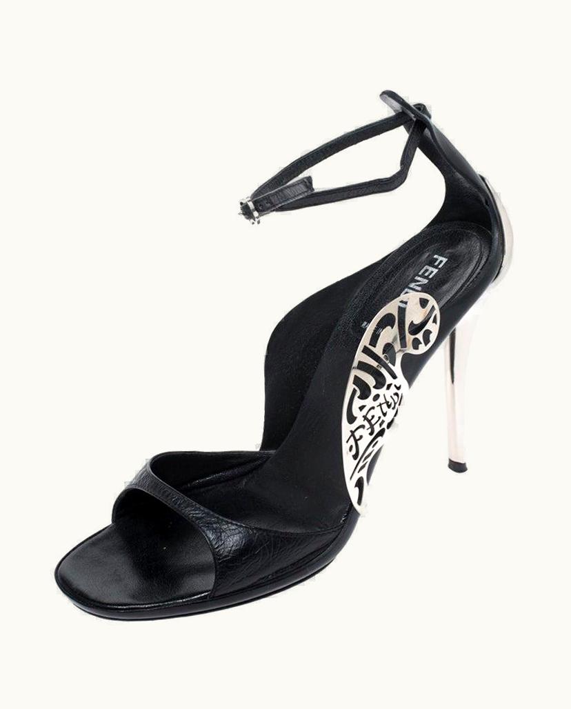 Fendi Fendi Black Leather Metal Applique Embellished Ankle Strap Sandals