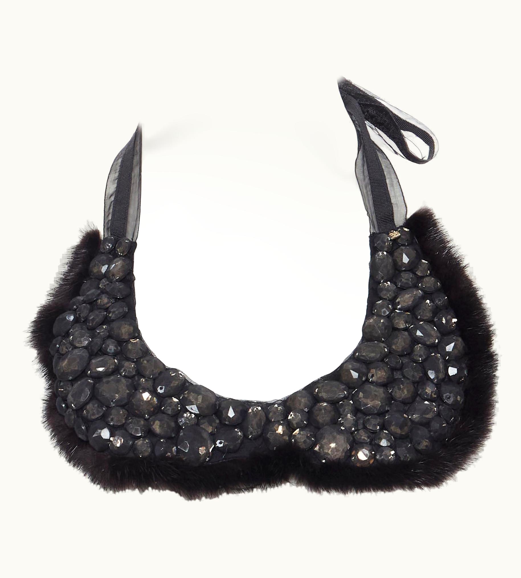 Fendi Fendi Black Mesh Jewel Embellished Fur Chain Self Tie Collar Necklace